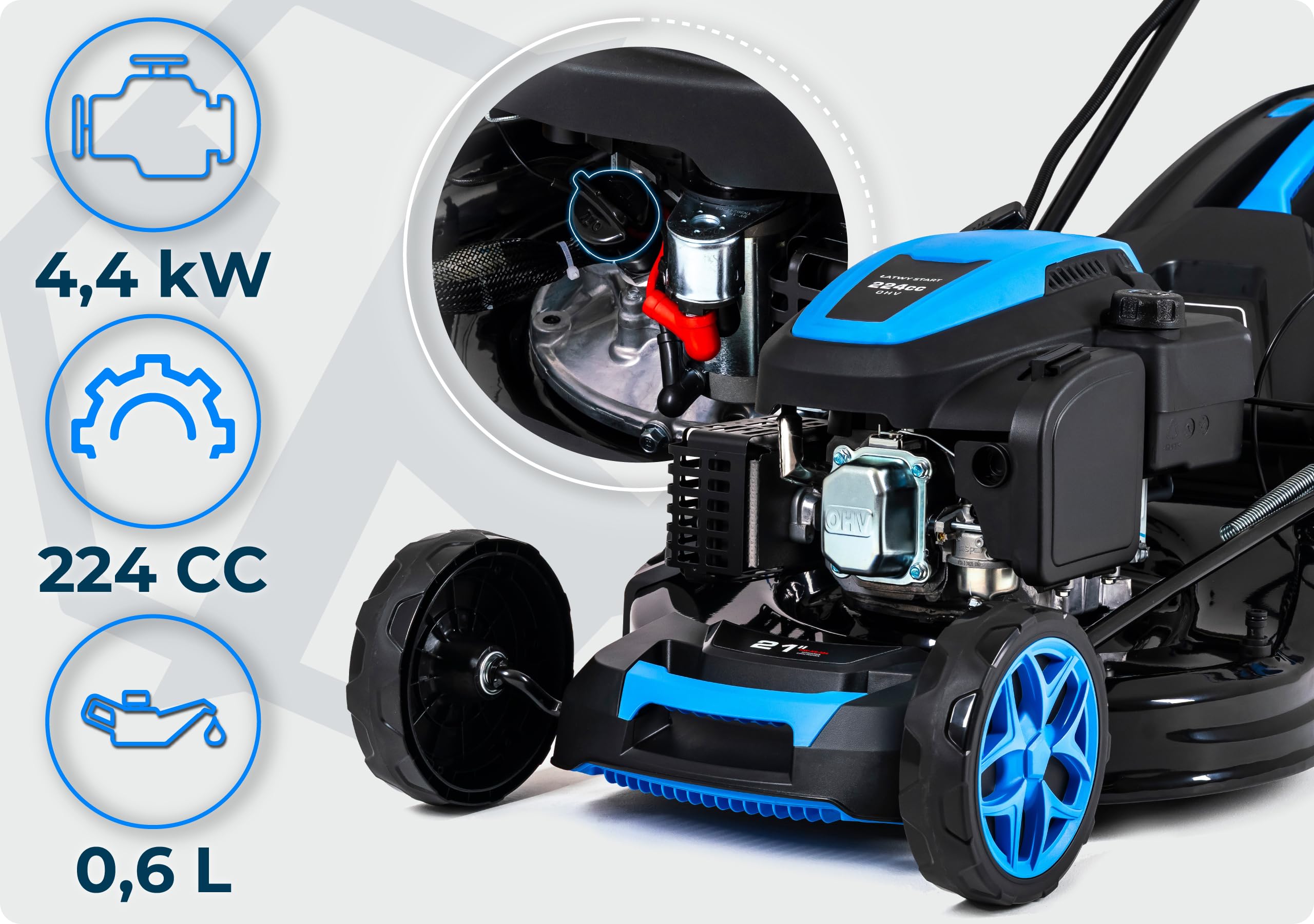 Hexwelt HW-KS-224 - Cortacésped de gasolina con autotracción, arranque eléctrico, motor Ducar OHV de 224 cm³, ancho de corte de 53 cm, bandeja de recogida de 60 L, función mulching, eyección latada