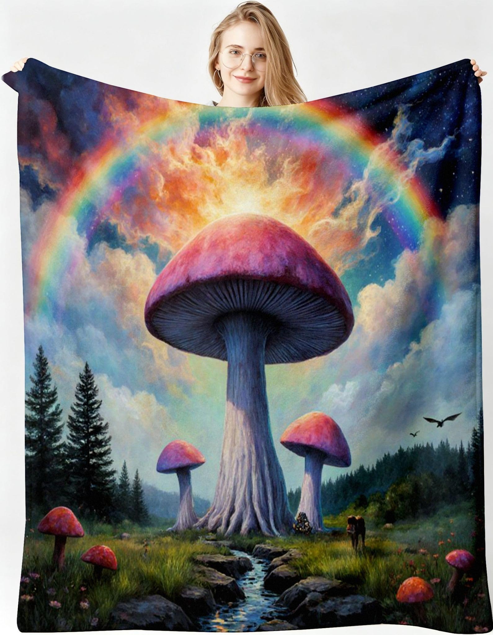 Grande Coperta Pile 220x240 cm Fungo Arcobaleno per Copriletto-A83