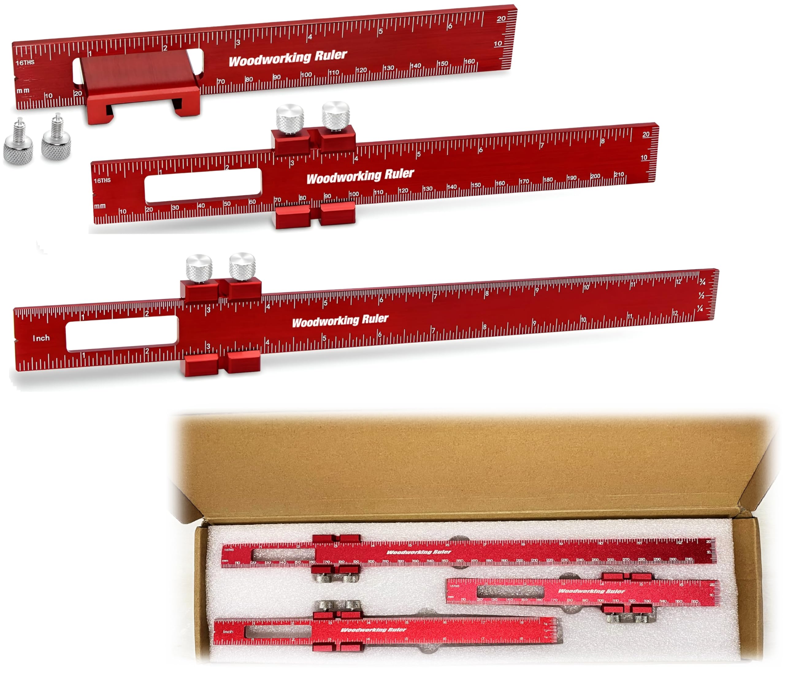 Precision Pocket Rule (6/8/12 Inch) 3Pcs Woodworking Ruler Tools, Slide Lock Ruler. Metal Metric Marking Measuring Tool, T-Type Scribing Square Edge