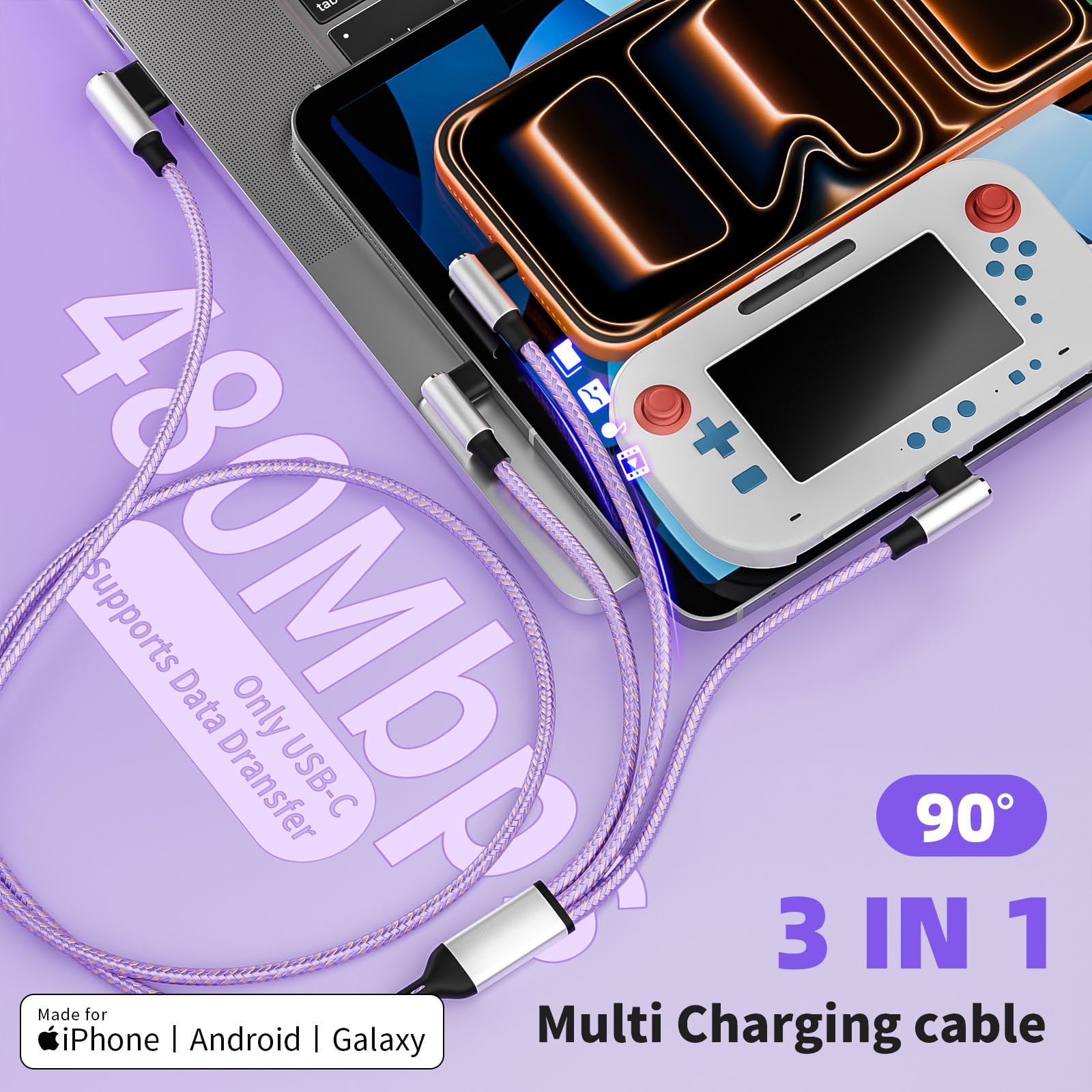 Cavo di ricarica multiplo a 90 gradi per gamer-friendly & Travel Essentials [2 confezioni da 1,5 m], cavo di ricarica 3 in 1 ad angolo retto con USB-A a USB C/IP/Micro USB, compatibile con iPhone