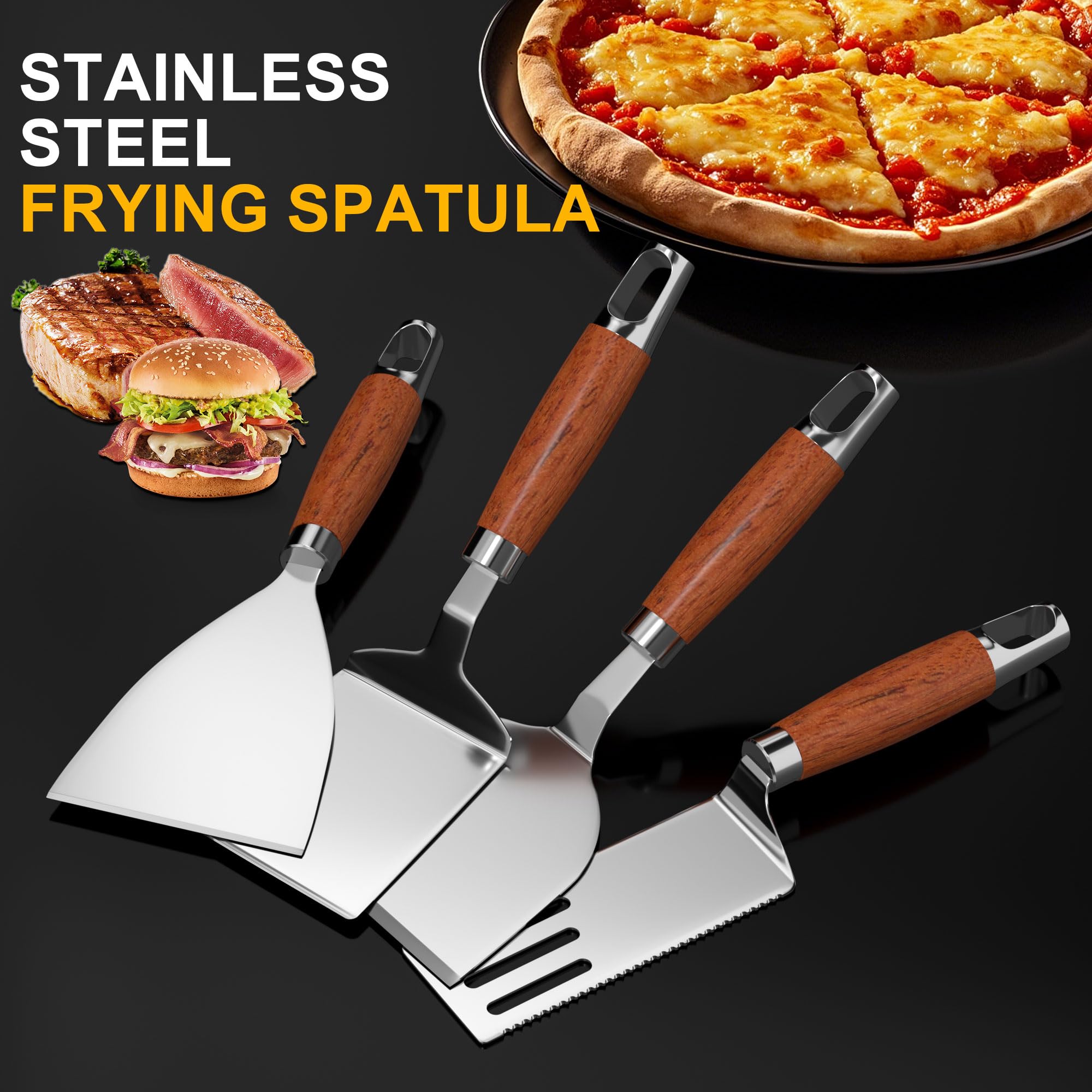Gimars Set di 4 Spatole Professionali per Barbecue,Palette e Raschietto in Acciaio Inossidabile per Piastra Plancha,Accessori Teppanyaki Smash Burger Kit,Utensili per Griglia Barbecue Pizza