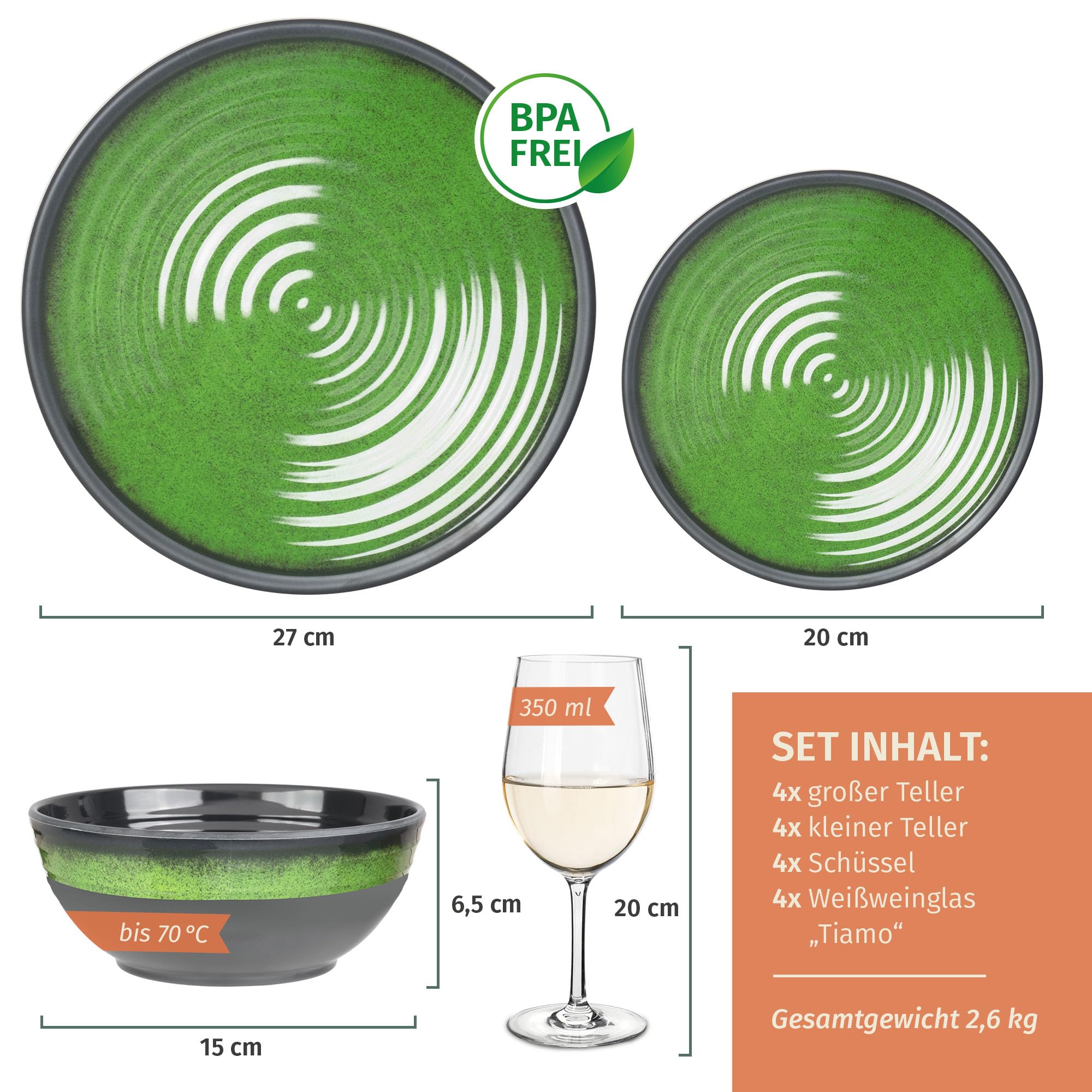 Vajilla de melamina para camping, 4 personas, color verde piedra + 4 vasos de vino blanco Tiamo vajilla de mesa de picnic barbacoa