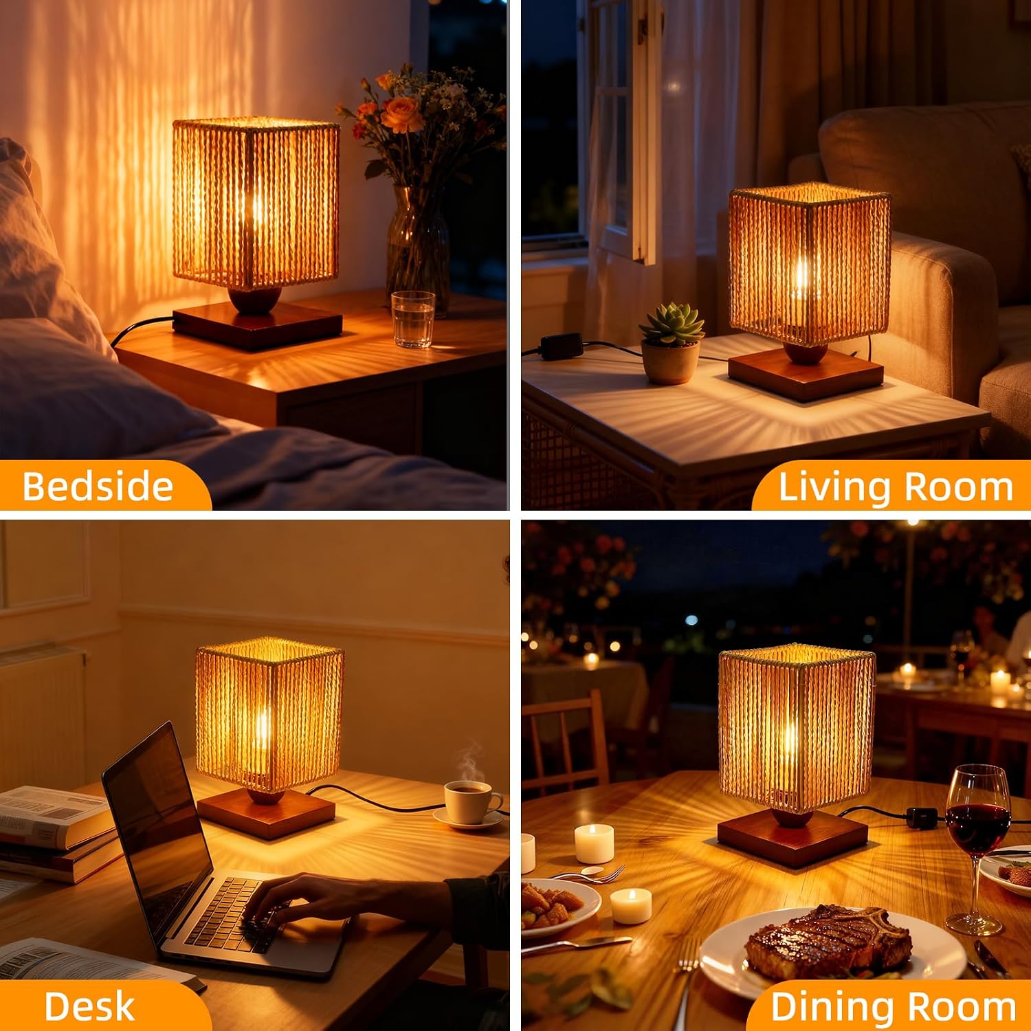 Rattan Table Lamp, Boho Bedside Lamp Vintage Wooden Nightstand Nightlight, Rustic Bamboo Woven End Table Lamps, Handmade Woven Desk Lamp, Christmas Decor for Bedroom, Living, Room Study, Kids Room