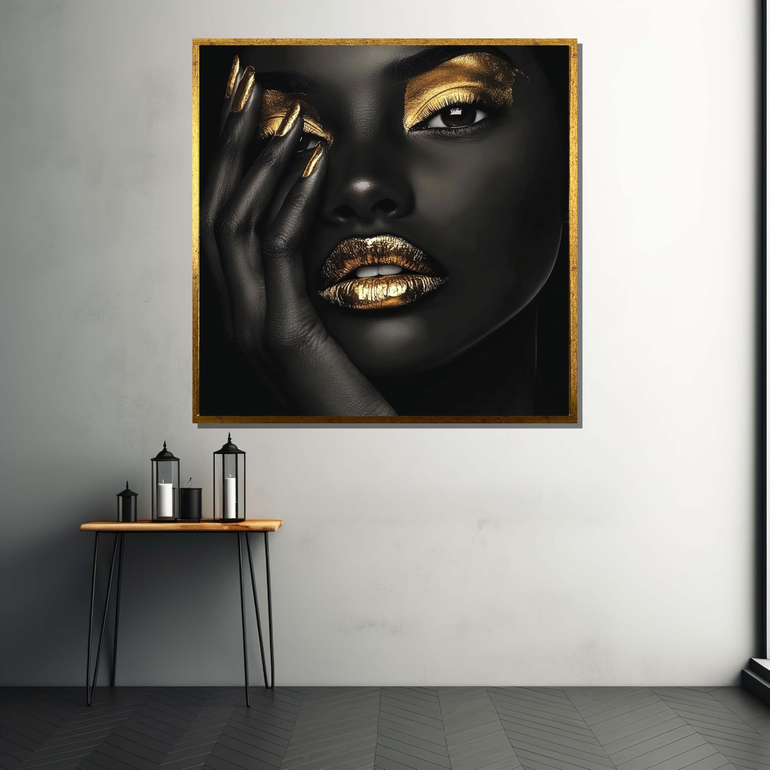 YUSUZHU Afro Woman Canvas, Black Woman, Gold Accented Black Woman Portrait, Canvas Art, Luxury Canvas Wall Art Painting Pictures(20x20cm/Frameless)