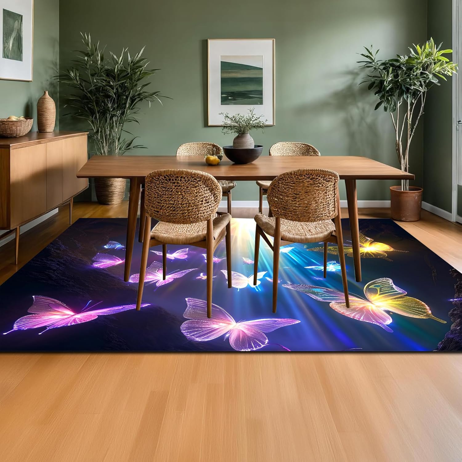 Colorful Butterfly Rug 5x7: Purple Butterflies Area Rug Washable Sunshine Cliff Carpet Non Slip Floor Mats for Living Room Bedroom Kitchen Classroom Playroom Laundry Dining Room