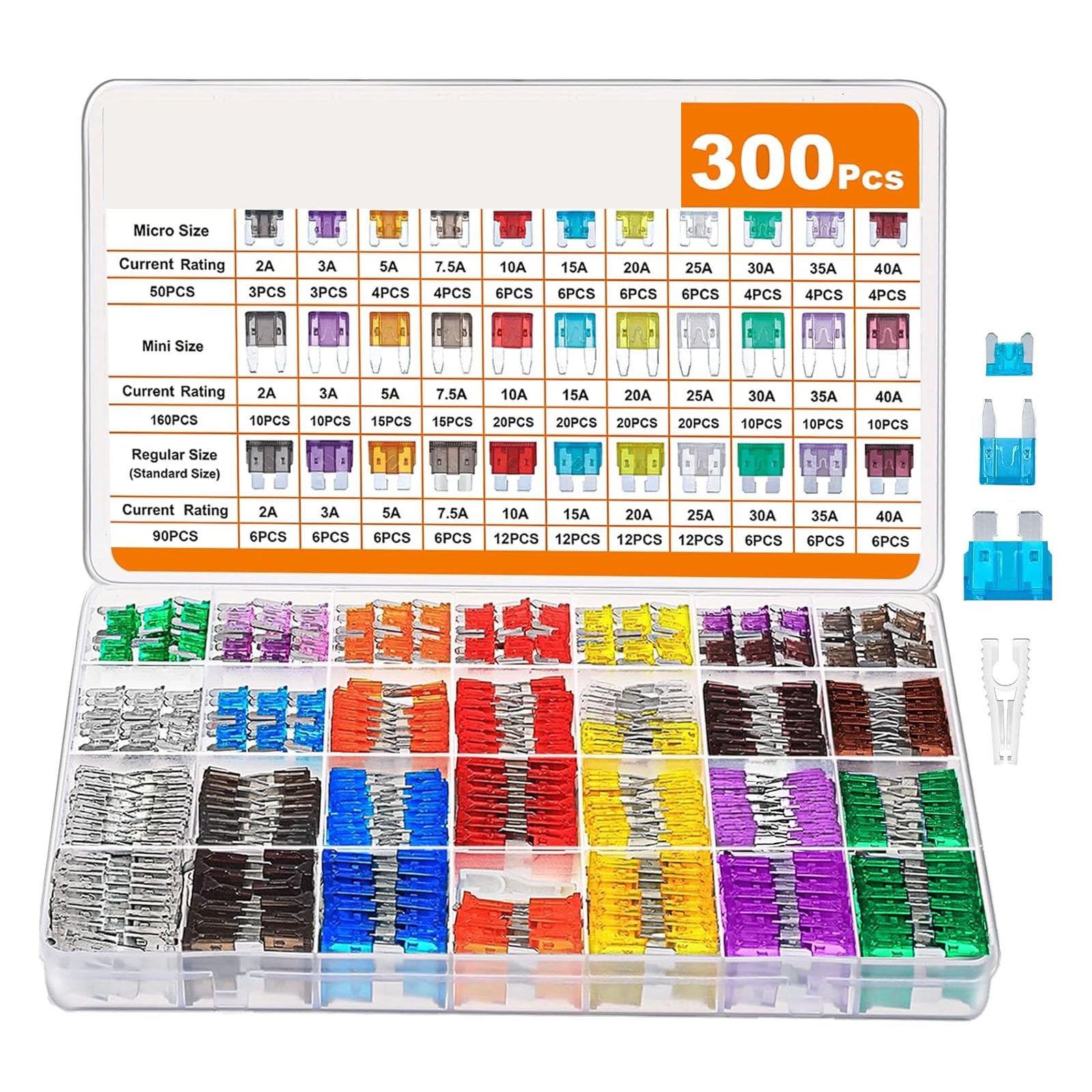 Azonee Car Fuse Assortment Kit, 160 Mini Blade Fuses Automotive + 90 Standard Auto Fuses + 50 Micro Fuse + Fuse Puller, for Car/RV/Truck/Motorcycle(2Amp 3A 5A 7.5A 10A 15A 20A 25A 30A 35A 40A)