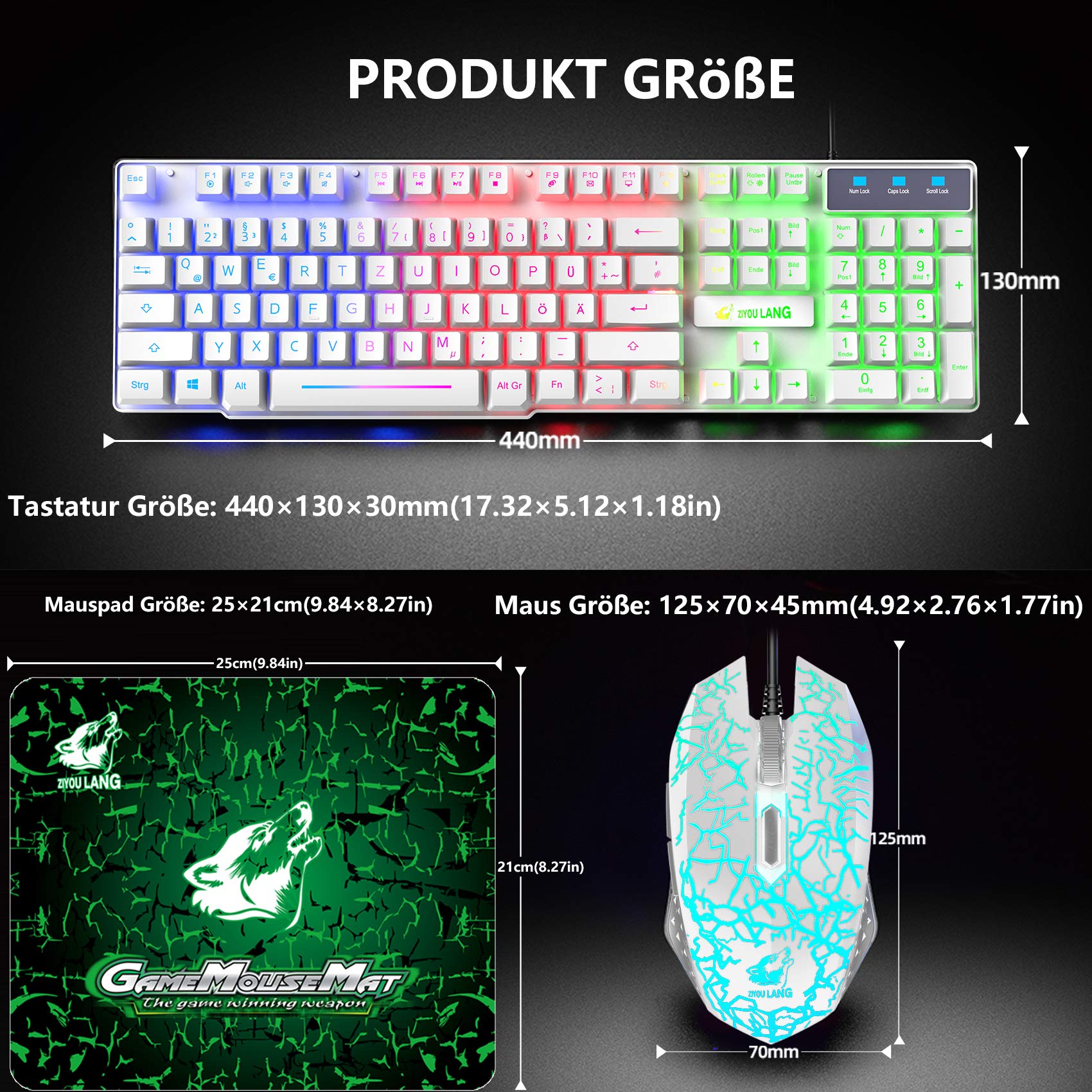 Teclado y Ratón con Adaptador para Juegos, Teclado Diseño Alemán QWERTZ 104 Teclas Retroiluminación del Arco Iris, 2400 dpi Mouse, Alfombrilla de Ratón, Compatible con PS4 Xbox Switch, Blanco