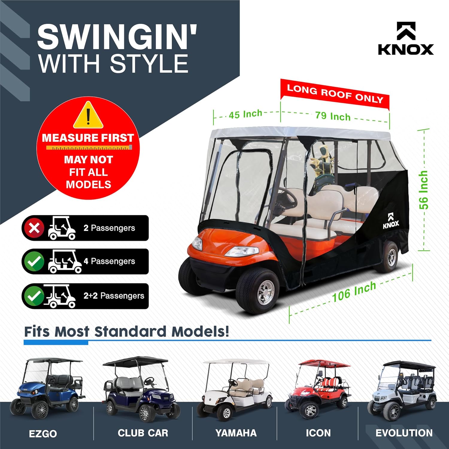 4 Person Golf Cart Enclosure 79" Long Roof, 600D Portable Transparent Driving Golf Cart Cover Storage, Golf Cart Accessories, Compatible with EZGO TXT/RXV, Yamaha, Club Car DS Precedent