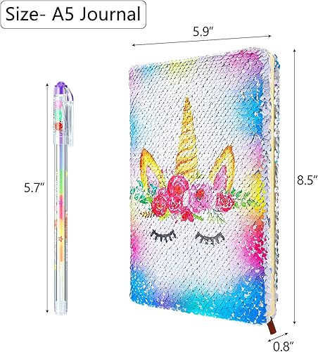 Miniatura 2 de Juego de cuadernos de lentejuelas con 4 bolígrafos de tinta de gel de color, reversible, diario mágico con lentejuelas, diario de escritura para el