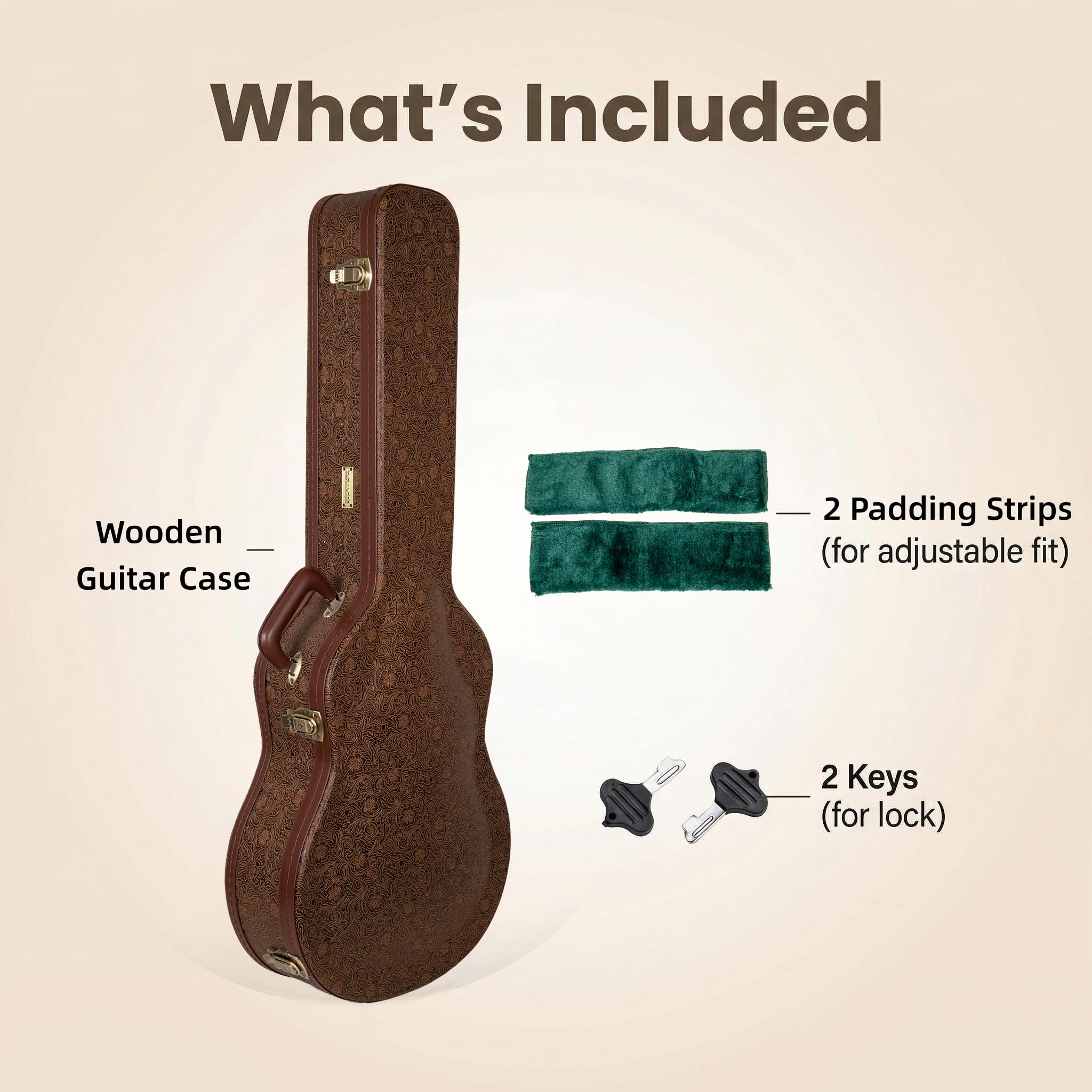Crossrock Designer Series - Custodia per chitarra classica per corde in nylon 4/4, pelle sintetica marrone fiore, interno in velluto verde foresta, serratura - guscio rigido in legno di alta qualità