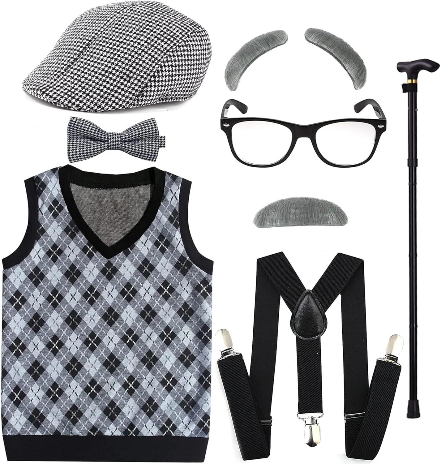 EFORLEDEFORLED Kids 100 Days of School Costume for Boys - Halloween Old Man Costume Hat, Glasses and Grandpa Vest Set for Child,LightGrey1-8