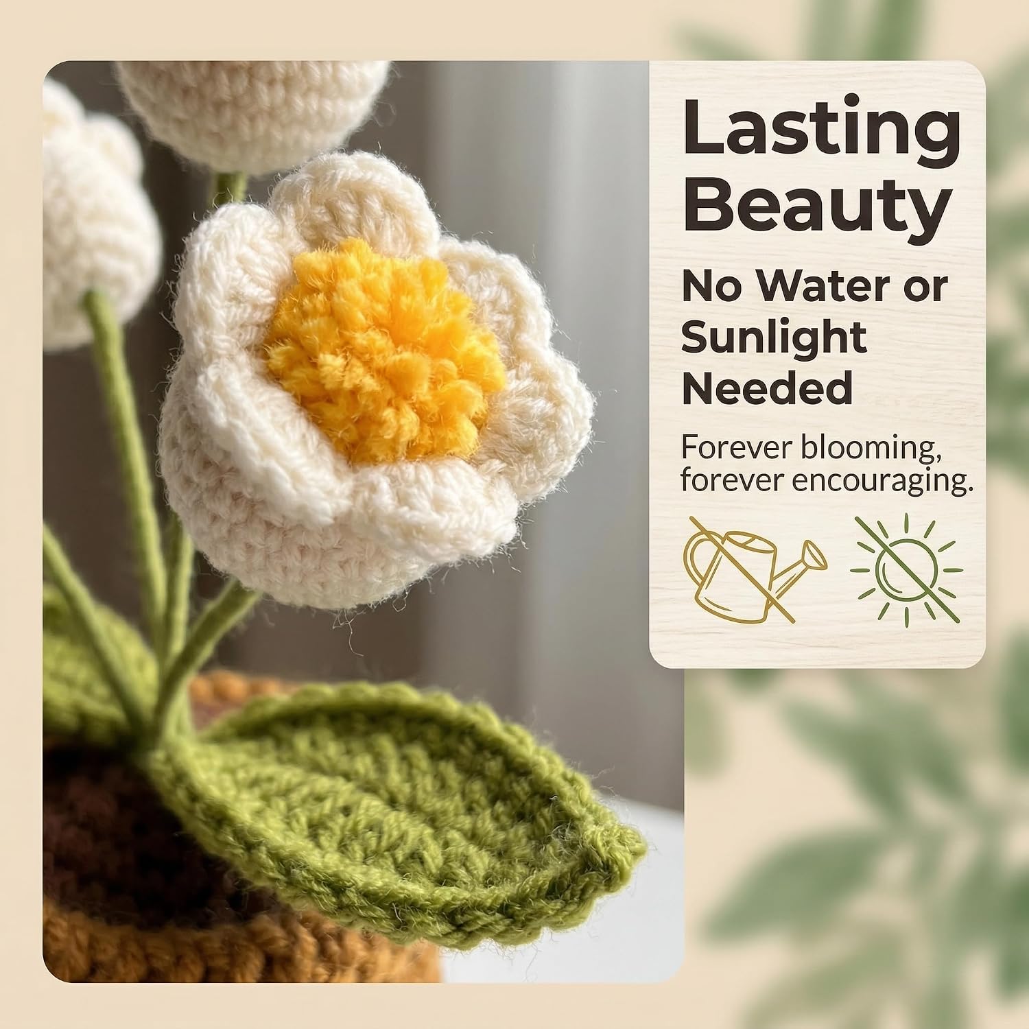 Emotional Support Crochet Flower Plush - Handmade White Lily of the Valley Crochet Flowers with Affirmation Card - Cute Knitted Desk & Car Decor, Encouragement Gift image 4