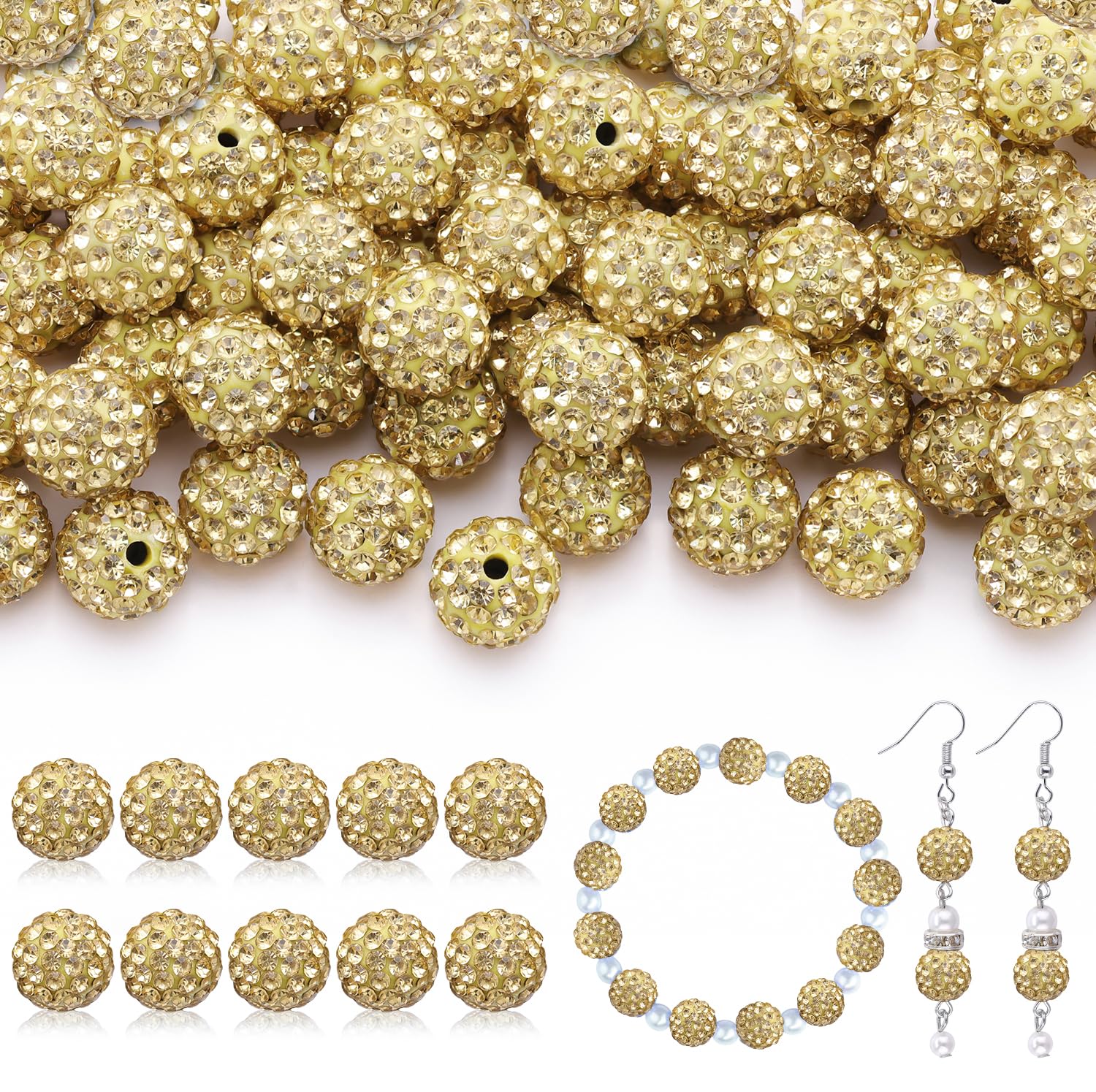 Photo 1 of 105pcs 10mm Rhinestone Beads for Jewelry Making, Light Yellow Shiny Round Disco Beads Bulk, Sparkle Crystal Clay Christmas for Bracelet Baseball Necklace Earring Crafting and DIY