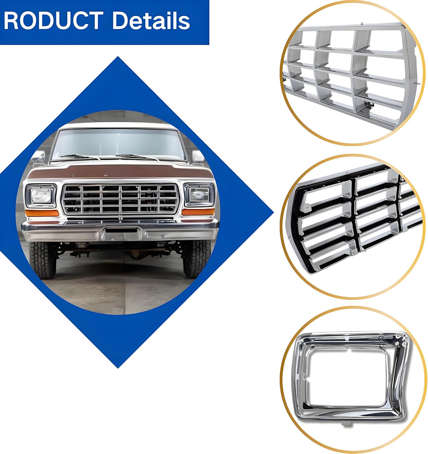 Front Upper Grille And Headlight Bezel Assembly, Chrome ABS Grill, Compatible with Ford F-100 F-150 F-250 F-350 F-450 Bronco 1978-1979 – Direct Fit For F100 F150 F250 F350 F450 Bronco