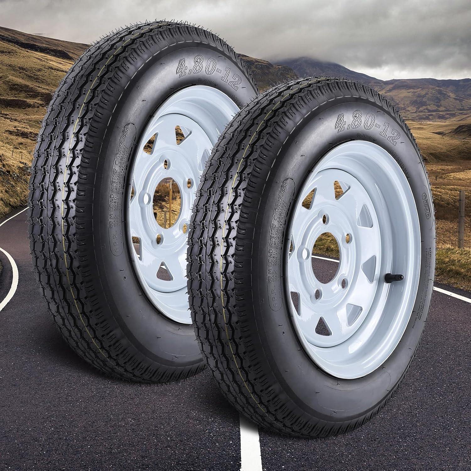2 Pack 4.80-12 Trailer Tire, 4.80x12 6PR Heavy-Duty Tires with 12" Rim, 5 Lug On 4.5", Load Range C for Small Trailers, Utility, Campers