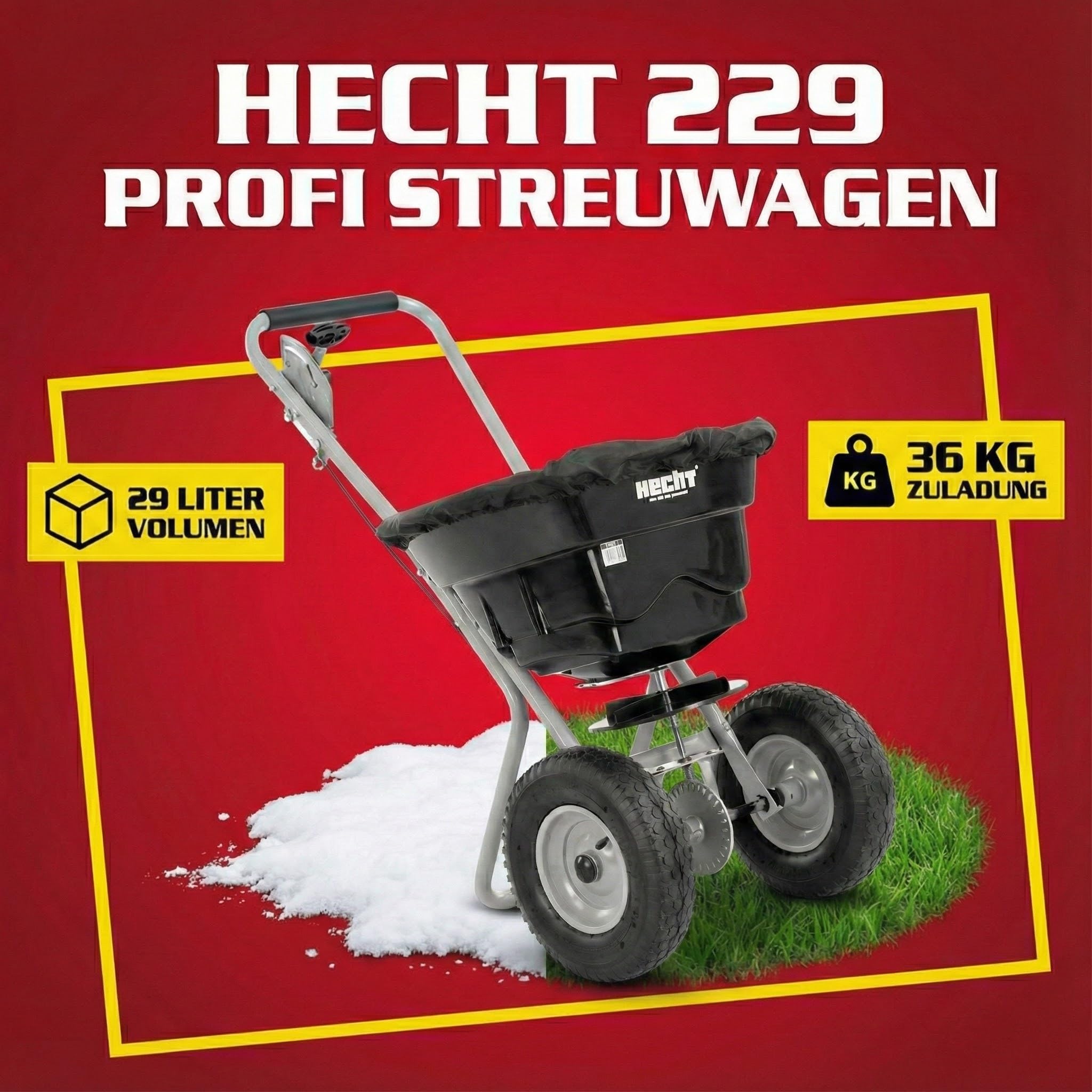HECHT Streuwagen – Düngestreuer – flexible Streubreite – 29 Liter / 36 kg Streuer – Universal für den Winterdienst, als Aussaathilfe oder Düngerwagen für Rasen – Schleuderstreuwagen mit Luftreifen