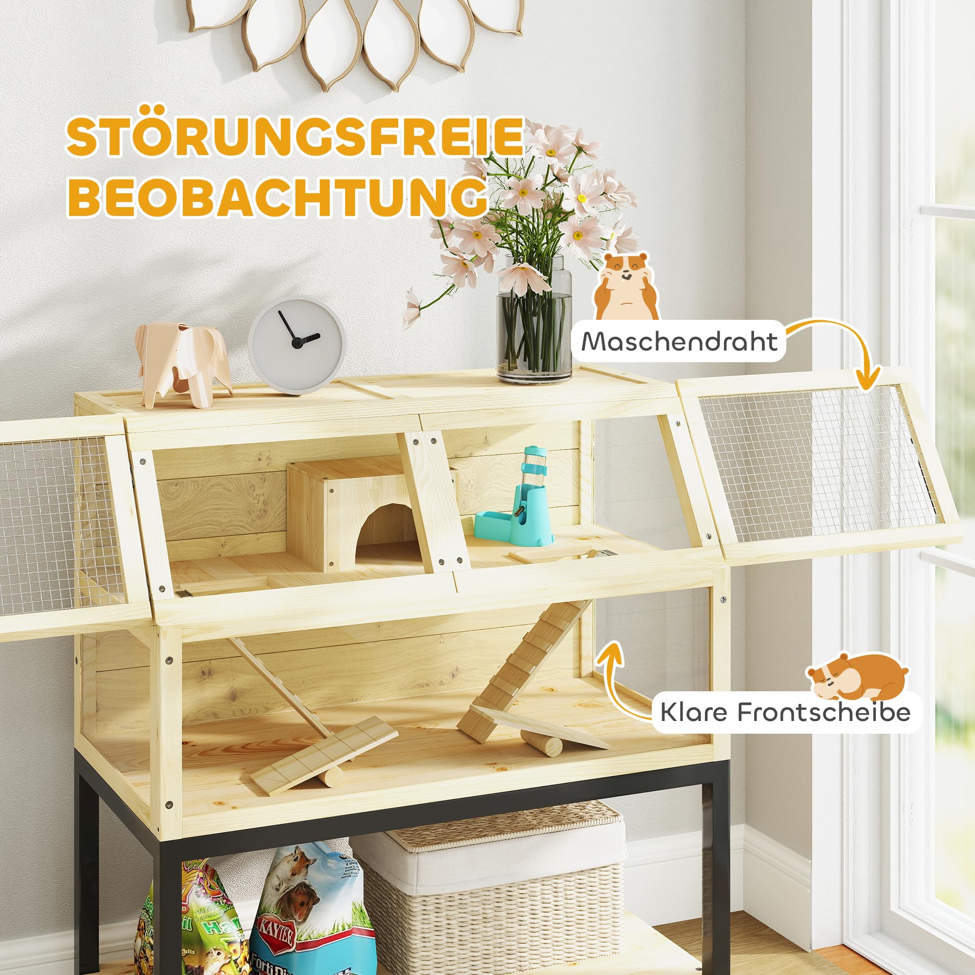PawHut Hamsterkäfig aus Holz, Nagerkäfig mit Ablagefläche, Wasserflasche, Hütte, Wippen, Kleintierkäfig mit Rädern, Rampen, für Zwerghamster Naturholz 87 x 43 x 101 cm