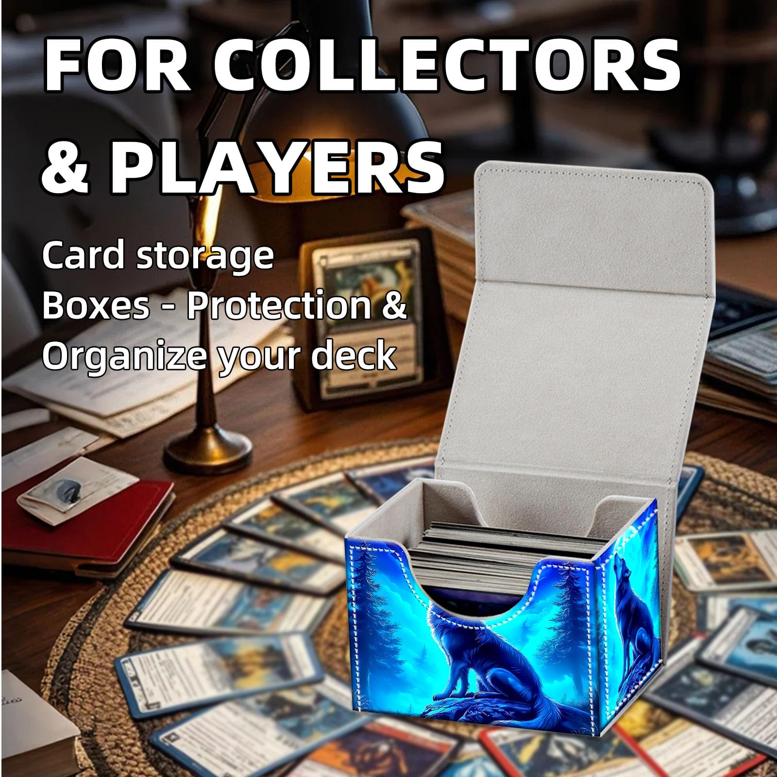 Caja de almacenamiento de tarjetas intercambiables, piel sintética de alta calidad con cierre magnético, capacidad para más de 100 tarjetas MTG, lobo aullando a Blue Moon, caja duradera