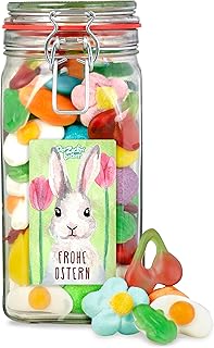 Der Zuckerbäcker Frohe Ostern Süßigkeitenglas – bunter Oster Süßigkeiten-Mix im hochwertigen Geschenk-Glas für Ostern für Erwachsene