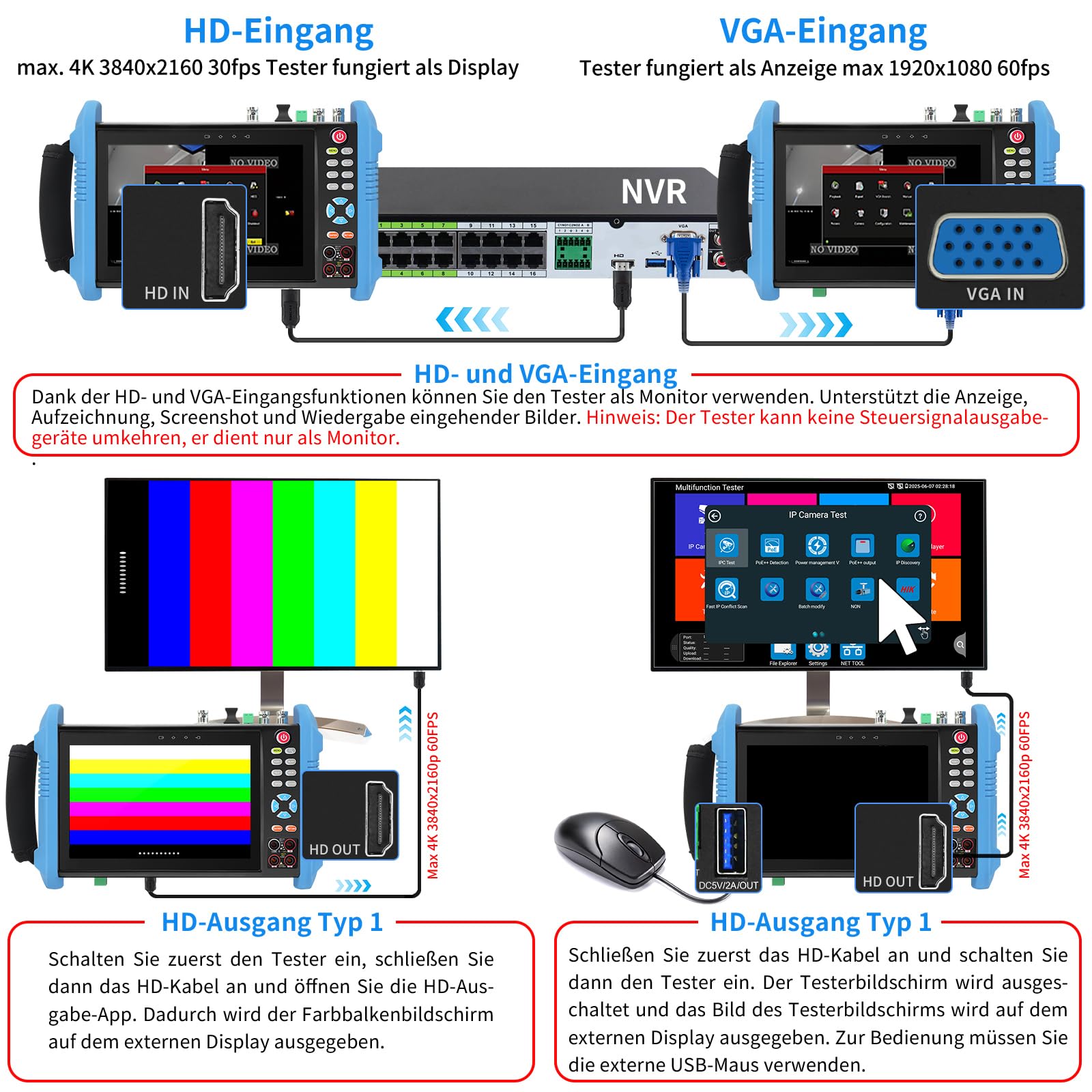 Henkion IP Kamera Tester IPC-9800CMADHS Pro CCTV-Kameratester 7-Zoll-IPS-Touchscreen-Monitor CCTV Tester 8K IPC Tester und 4K 8MP TVI CVI AHD SDI Kameratest Multimeter Kabeltes POE HDMI VGA 1CH SFP