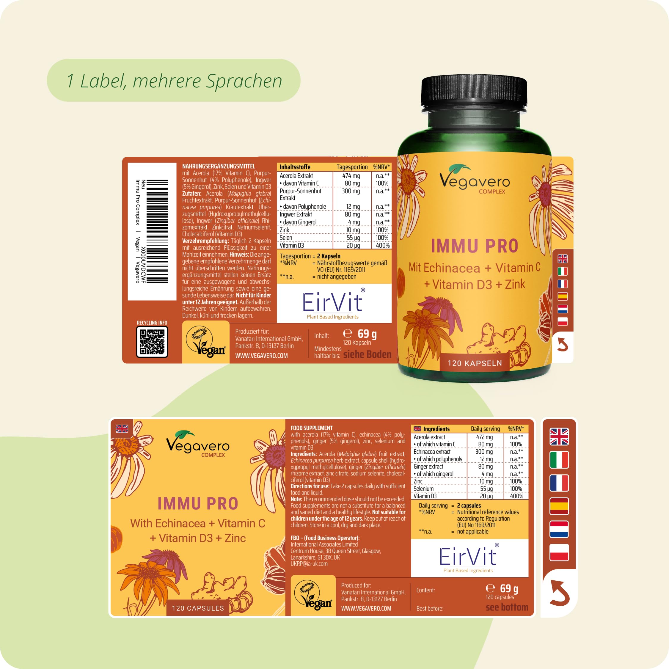 Vegavero Immunsystem Komplex – mit Echinacea, Acerola Vitamin C, Vitamin D3, Ingwer, Zink & Selen – vegane Immunformel ohne Zusatzstoffe – 120 Kapseln hochdosiert