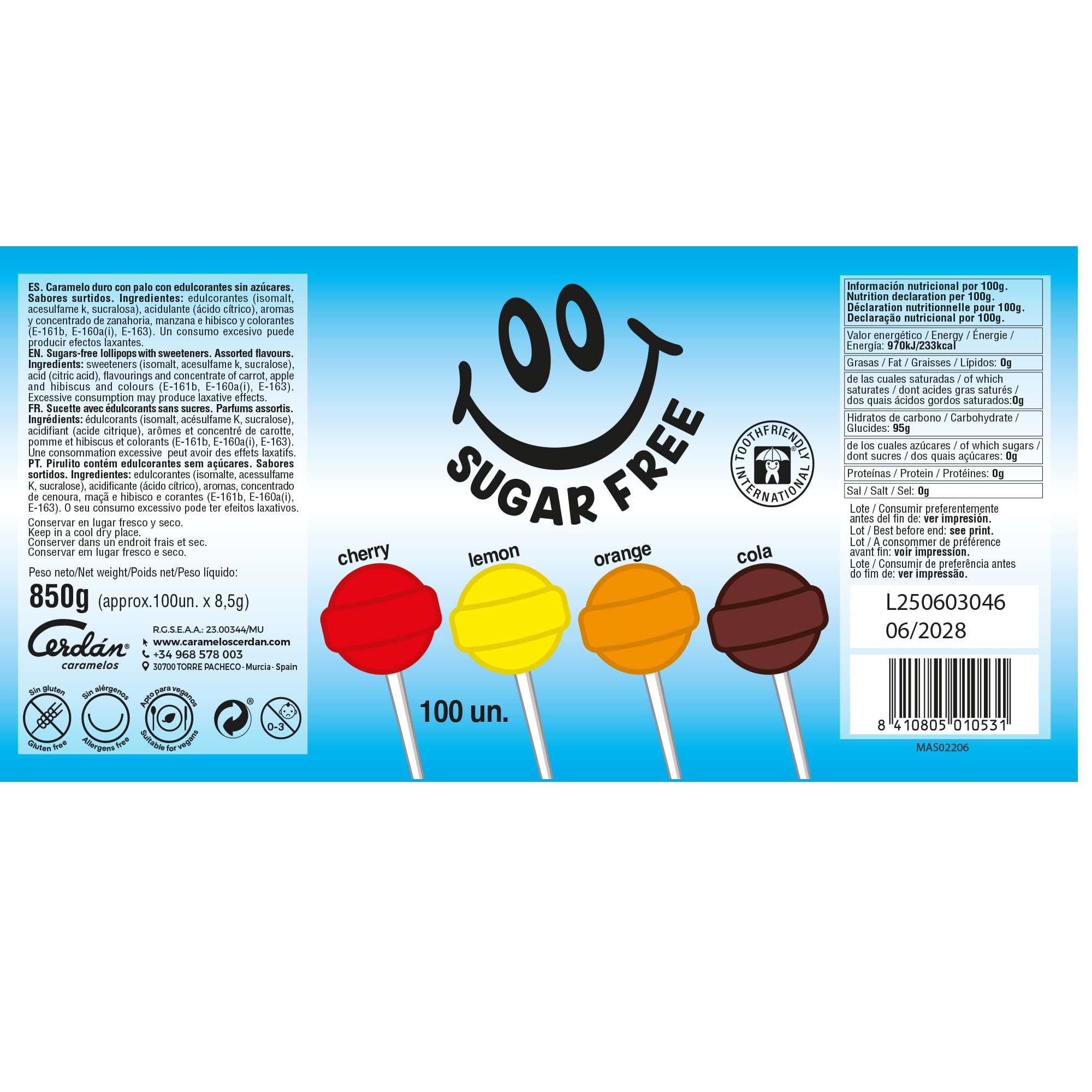 Caramelos Cerdán - Caramelo con Palo sin Azúcar Sabores Variados | Caramelo Redondo Macizo con Palo sin Gluten ni Alérgenos | Bolsa de 100 Unidades | Ideal para Fiestas, Eventos y Cumpleaños