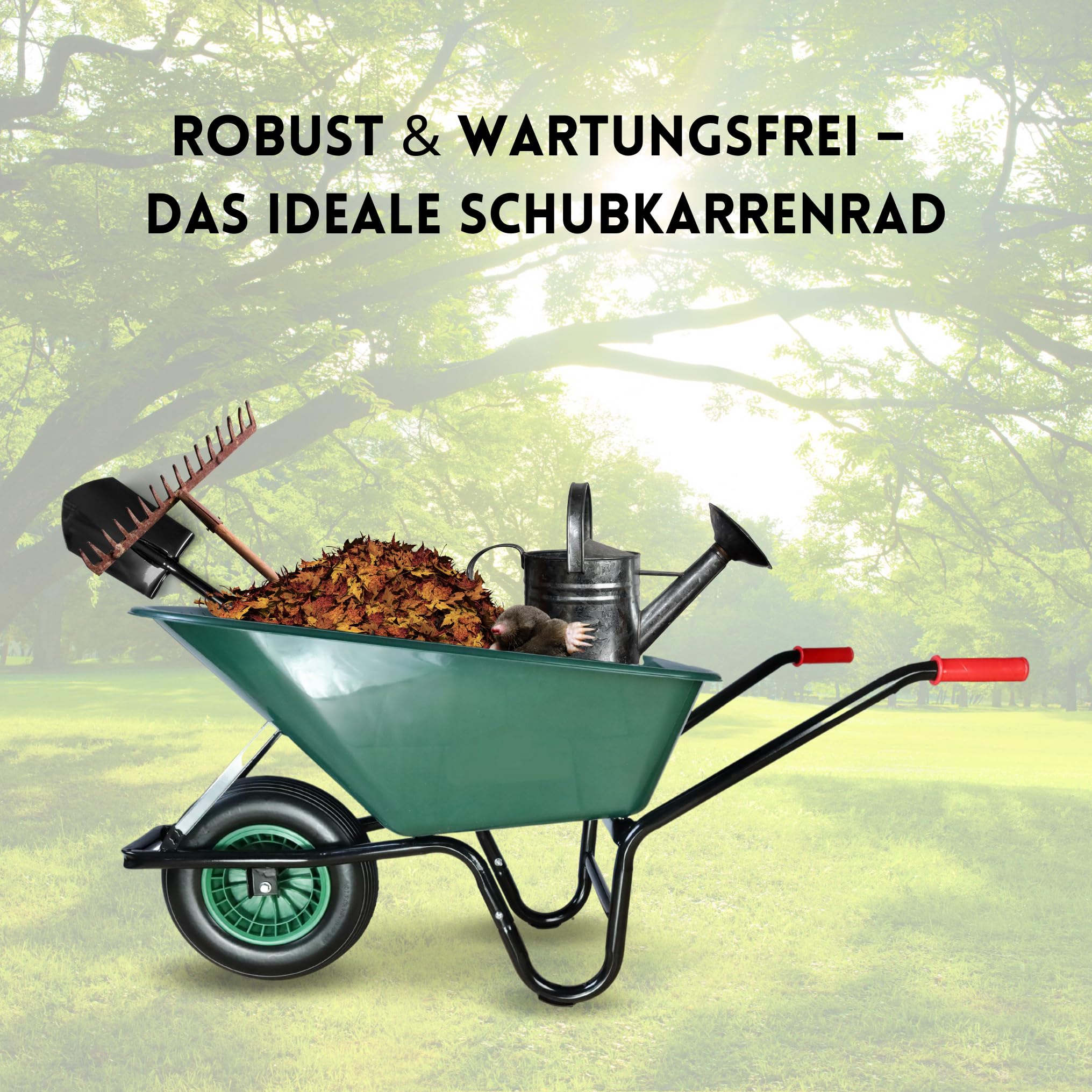 FROSAL PU Schubkarrenrad 400 pannensicher | Rad Vollgummi Schubkarre | Ersatzrad 4.80/4.00-8 Kunststoff-Felge grün | Reifen 100 mm Breite