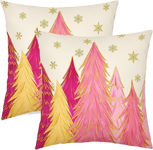 Juego de 2 fundas de almohada de Navidad rosas de 18 x 18 pulgadas, diseño de copos de nieve dorados, para sofá, vacaciones de invierno, decoración
