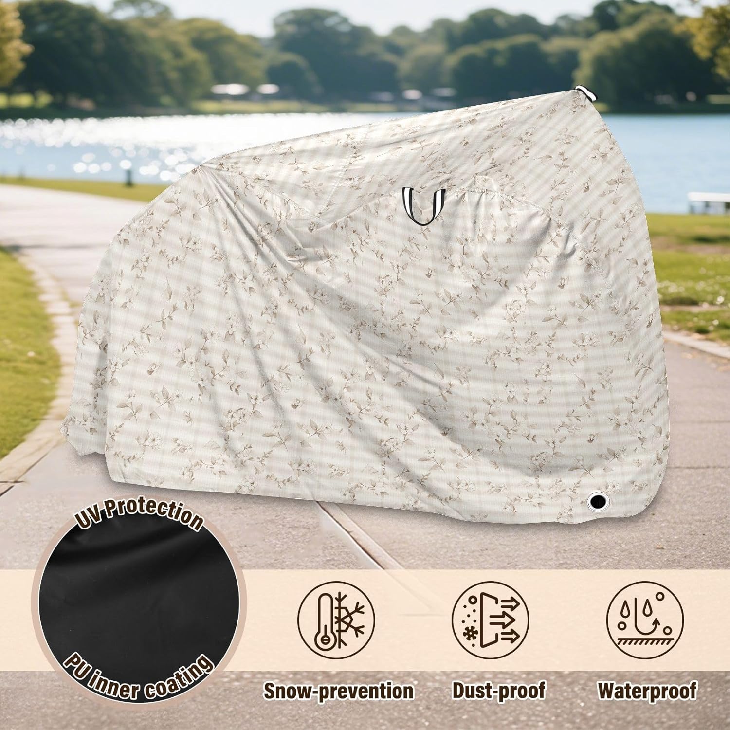 Khaki Flowers Ginghams Bike Cover Outdoor Uv Resistant Exercise Bike Cover Bikes Accessories