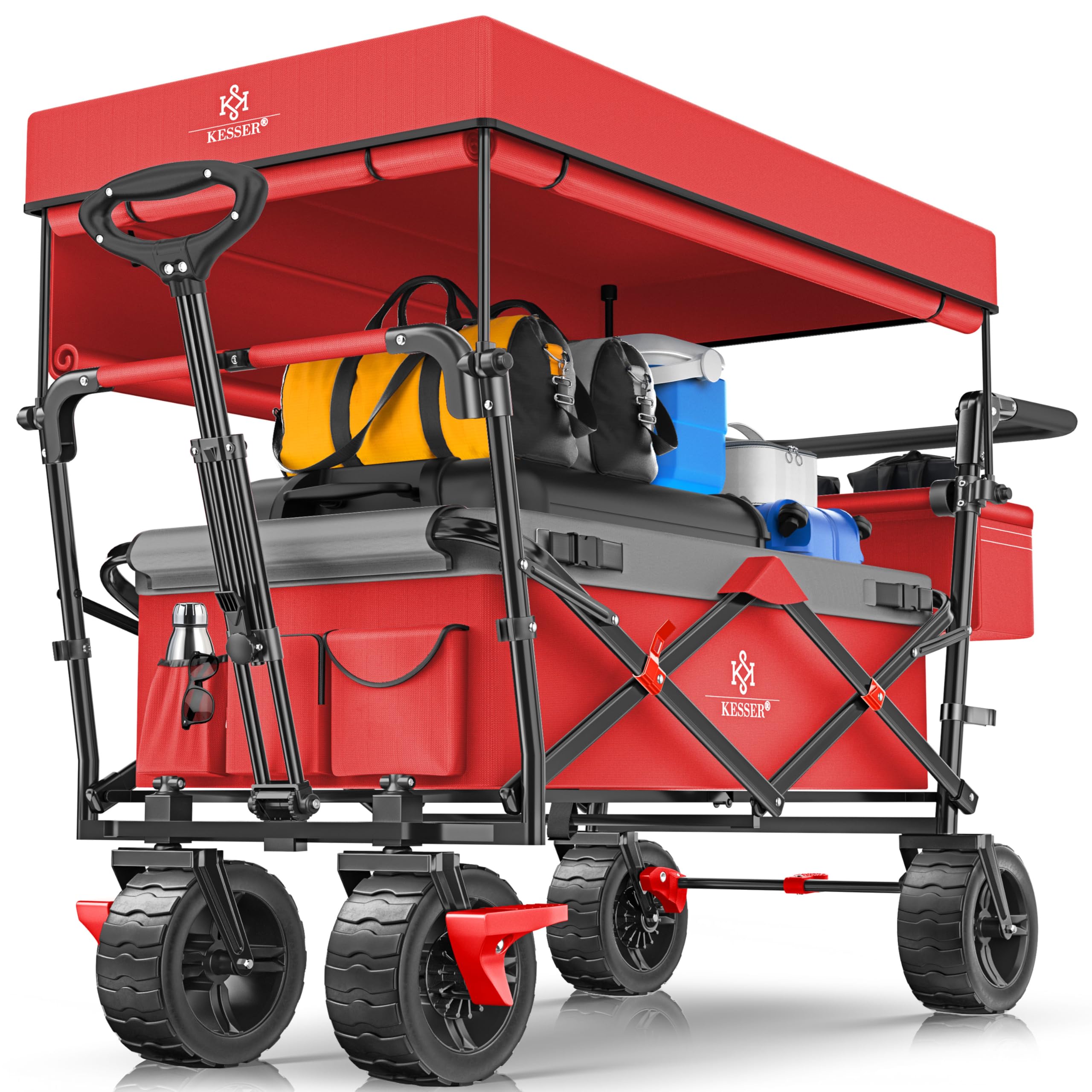 KESSER® XXL Bollerwagen faltbar mit Dach GT9000, klappbarer Handwagen bis 150 kg für Kinder, Strand, Camping & Garten, großer Transportwagen mit Hartgummi Rädern, Bremsen vorne & hinten + Tragetasche