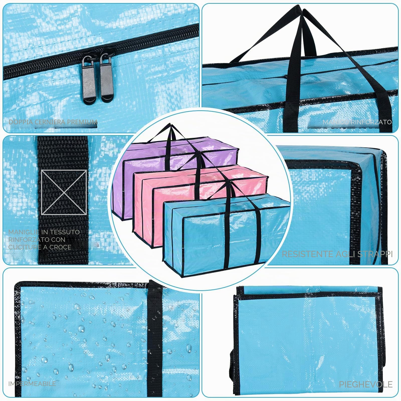 Confezione da 6 scatole per traslochi extra large resistenti con coperchio e cerniere, borsa per deposito pesante grande per trasloco casa, vestiti, piumone, viaggi, sacchi per bucato, borsa per