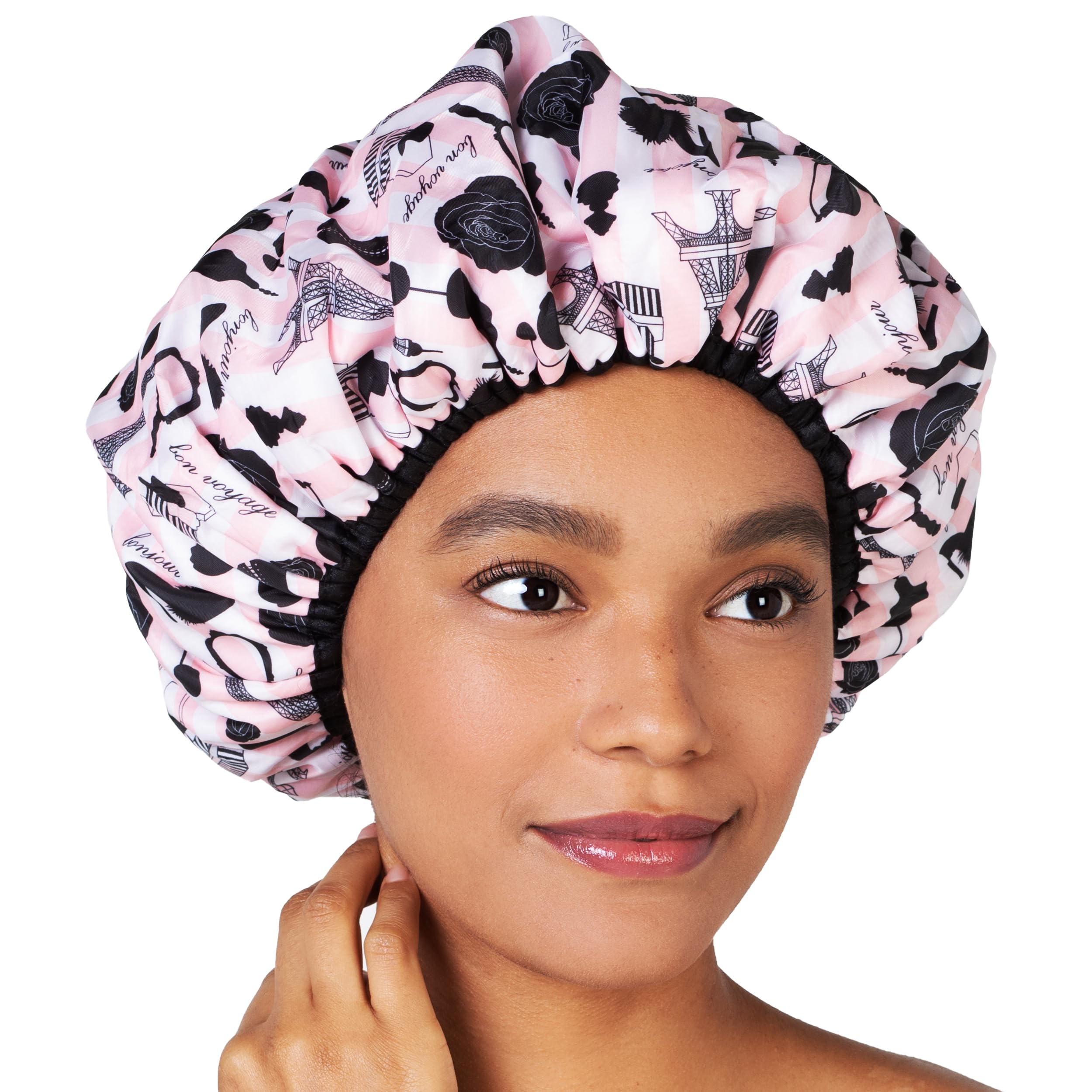 Reusable Nylon Bath & Shower Cap, Reversible Oversized Waterproof Shower Caps Large Designed for all Hair Lengths w Terry Lining & Elastic Band
