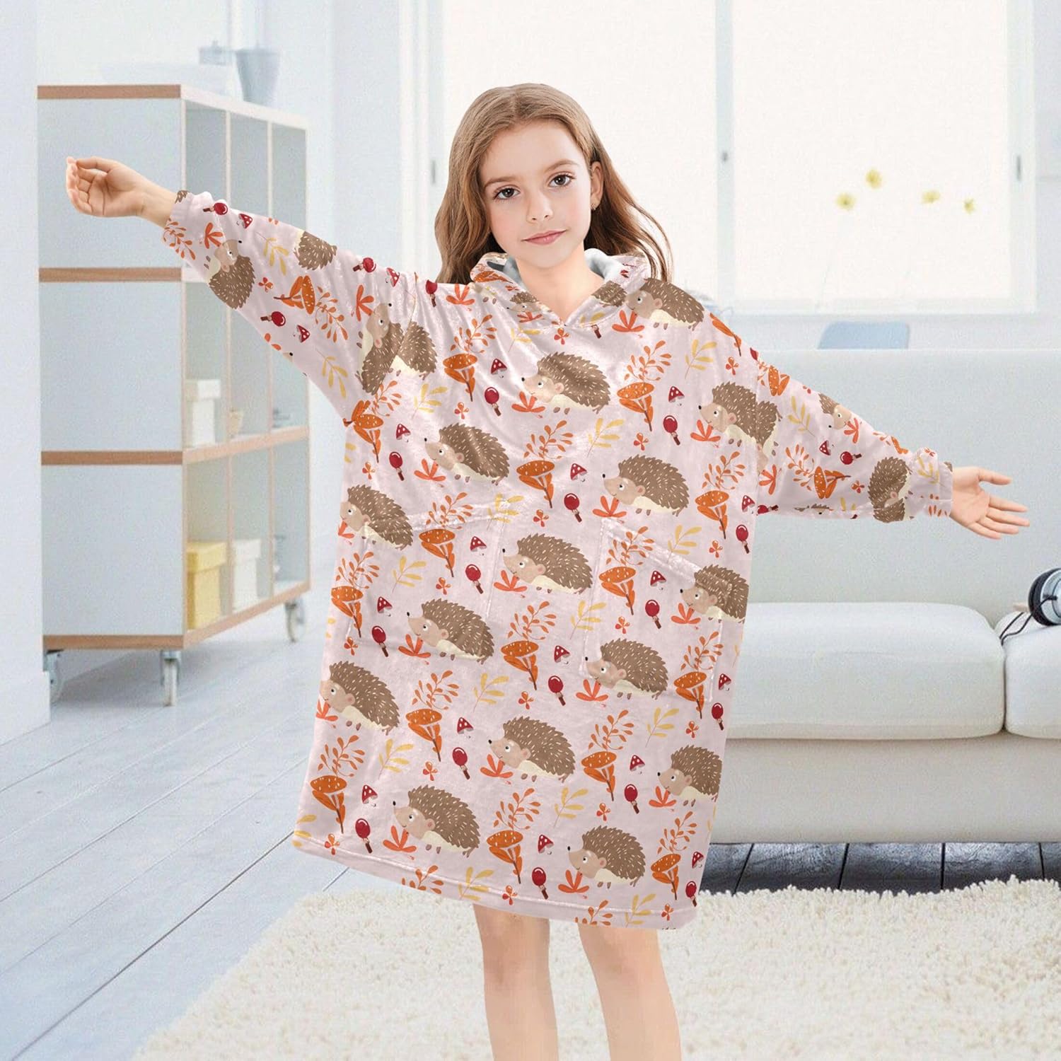 Hedgehog Cute Kids Wearable Blanket Hoodie with Pocket and Sleeves for Toddlers, Cute Hoodies 3-14 Year Girls Boys