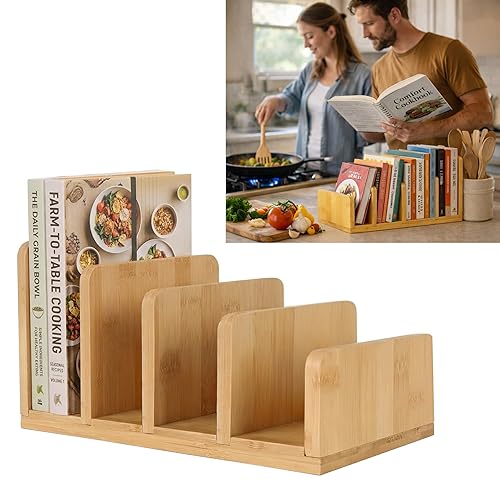 Natural Bamboo Cook Book Organizer Stand, 4 Slots Vertical Book