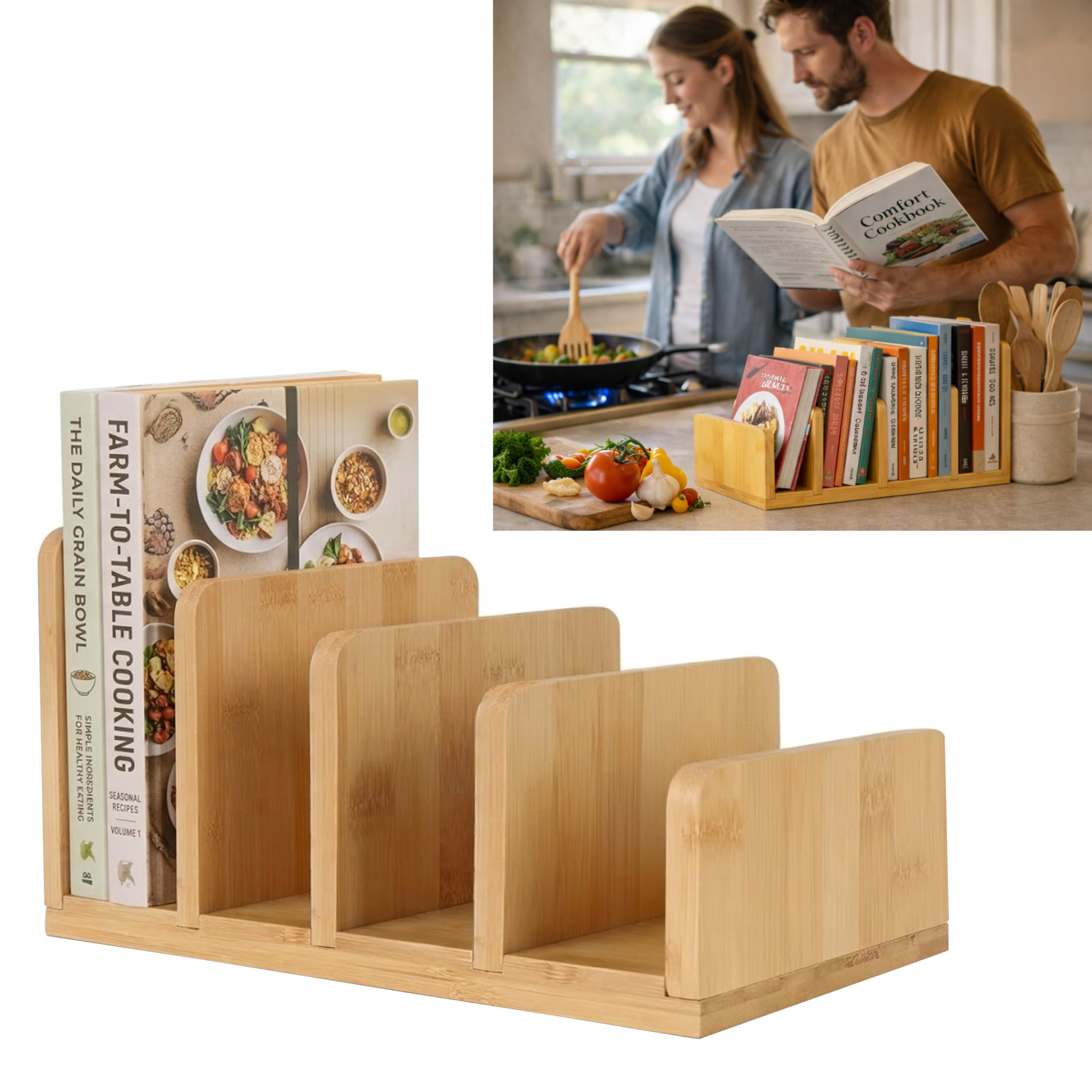 Photo 1 of Natural Bamboo Cookbook Organizer Stand, 4 Slots Vertical Book Rack for Kitchen Countertop,Sturdy Recipe Book Holder & Binder Organizer,Easy to Assemble Cookbook Storage for Desk,Living Room