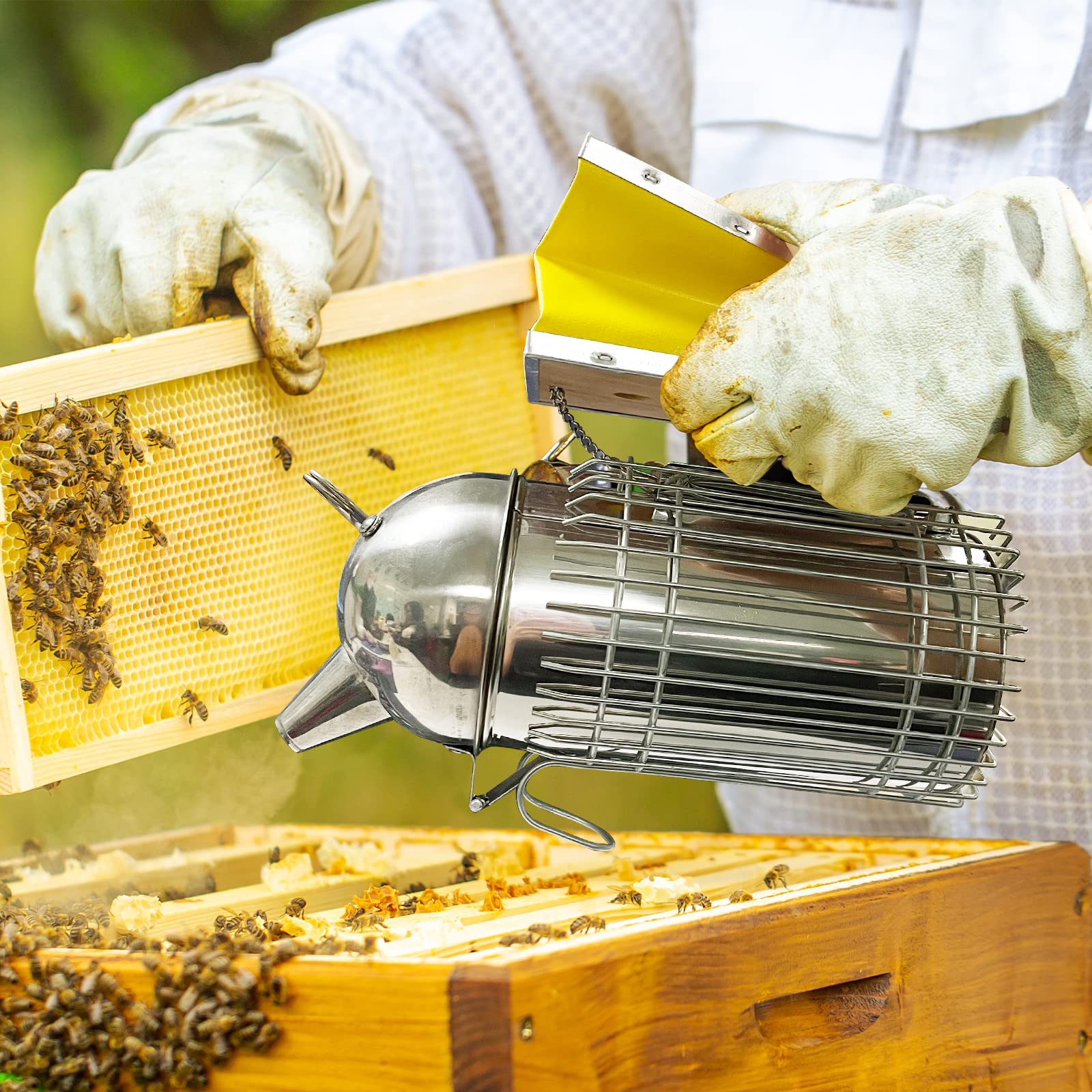 Ahumador de abeja de acero inoxidable con escudo térmico para apicultor