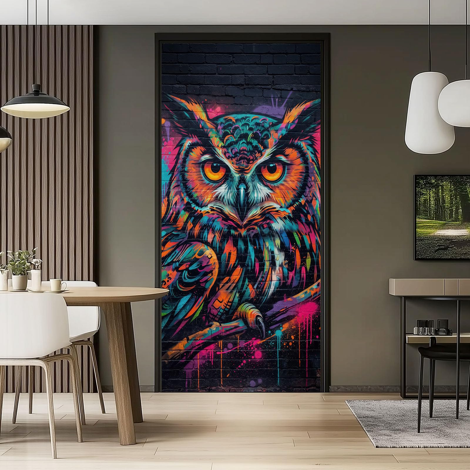 Samoprzylepna naklejka na drzwi 3D 90x200 cm - powłoka samoprzylepna do drzwi kreskówka zwierzę graffiti graffiti, naklejka ścienna na drzwi czarna zwierzę sowa, pcv dekoracyjna sztuka ścienna do