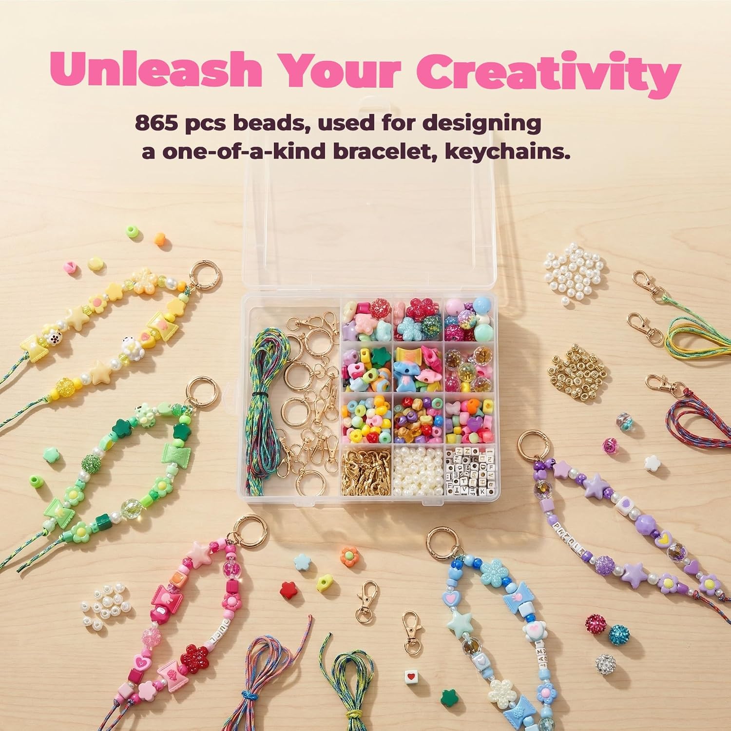 DIY Bag Charm Kit Keychain Makinhg Kit Acrylic Keychain Charms 865pcs Jewerly Making Kit Birthday Gift, Phone Charm Gift for Girls and Boys Friendship Bracelet Kit
