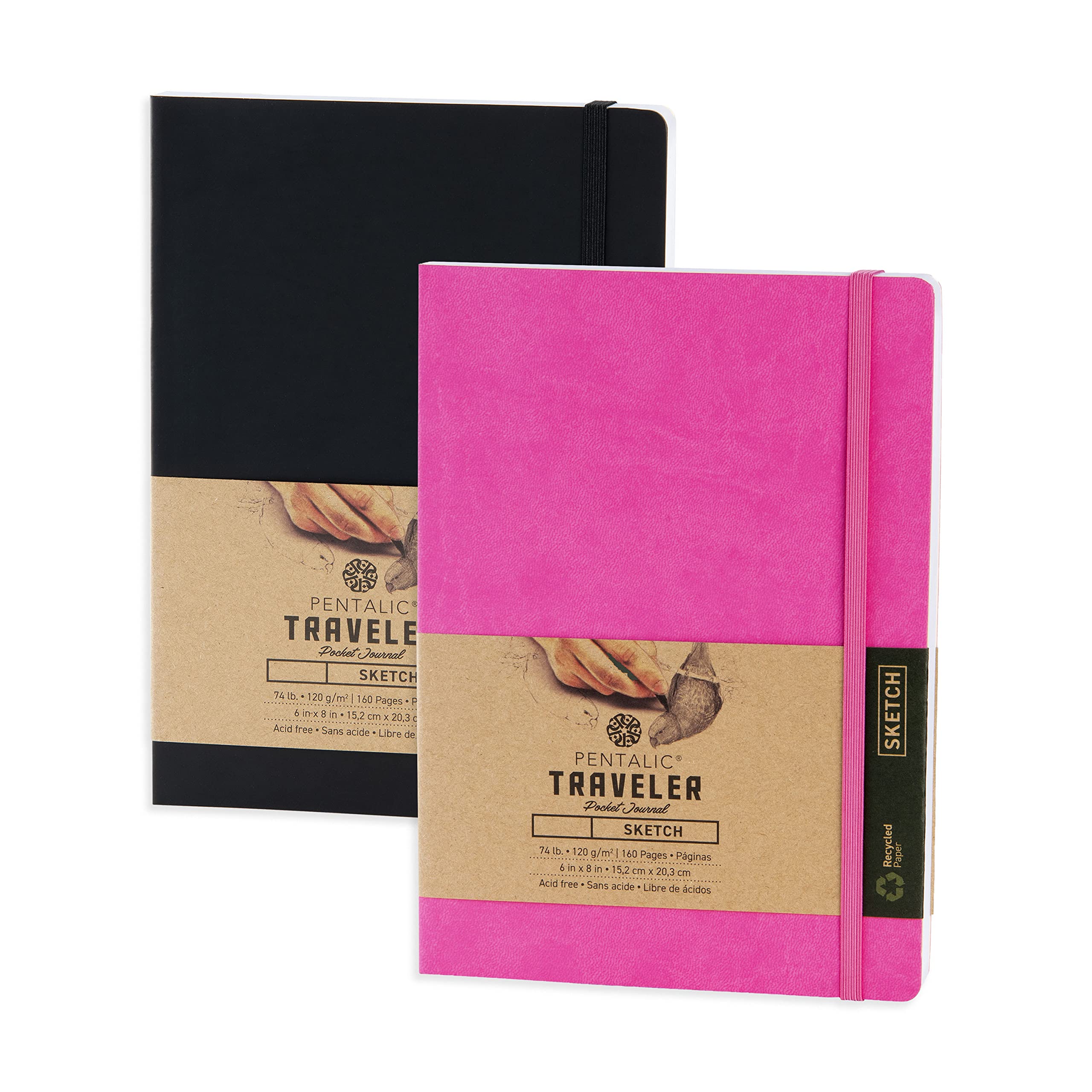 Pentalic 6" x 8" Pocket Sketchbook Traveler Journal Bundle - Black & Bright Pink