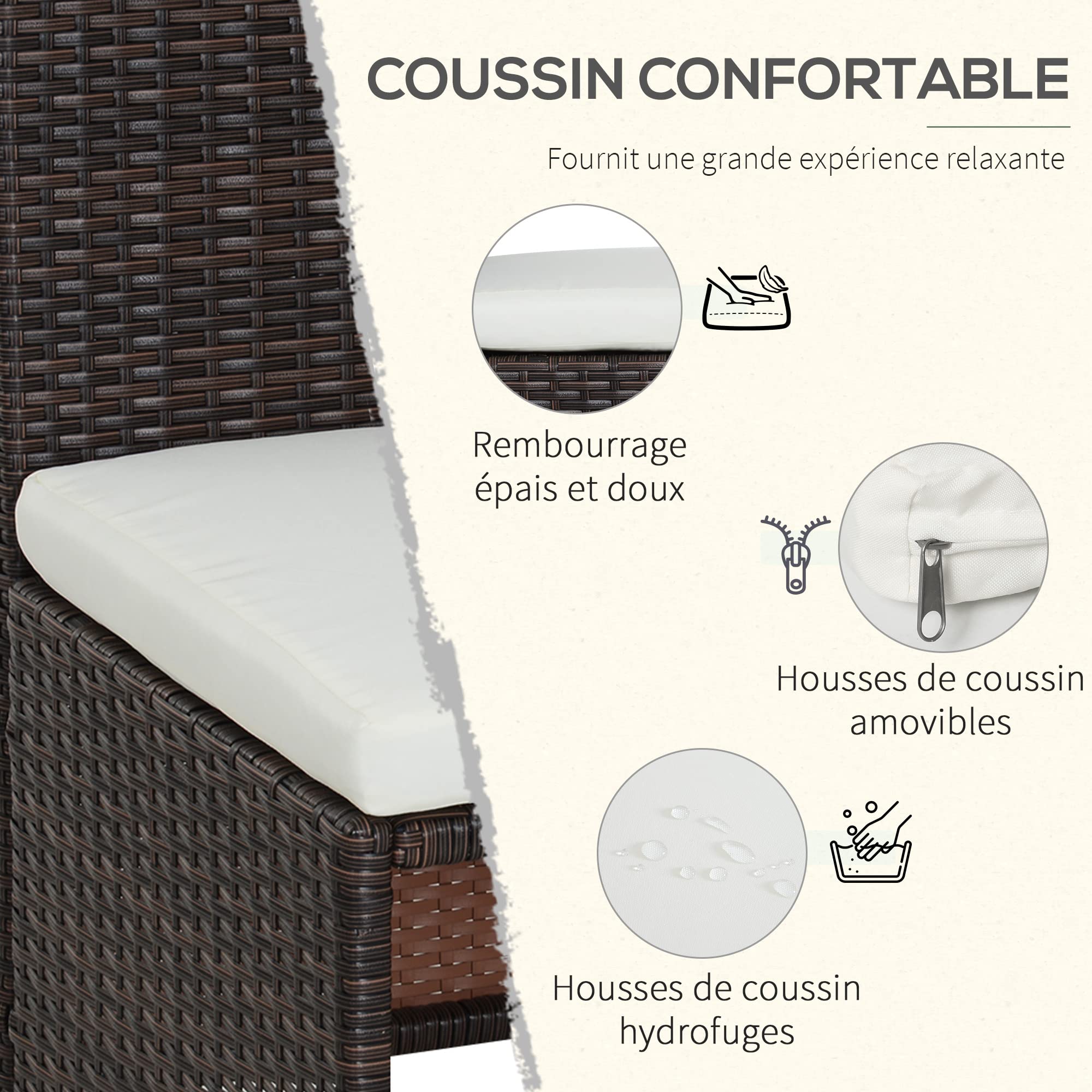 Outsunny Ensemble Salon de Jardin encastrable 4 chaises monoblocs avec Coussins déhoussables et Table résine tressée Chocolat