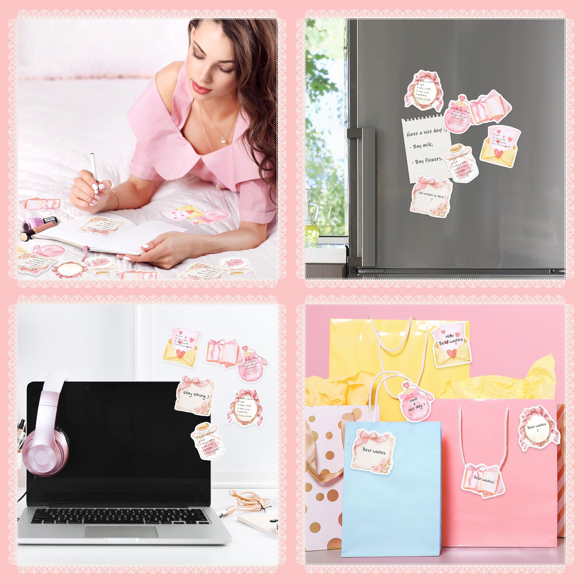 12 Stück Kokette Haftnotizen, niedlich, mädchenhaft, Notizblöcke, ästhetisch, rosa Schleife, Band, Schulanfang, Bürobedarf, Vintage, romantisch, Scrapbooking, dekoratives Geschenk für Mädchen und