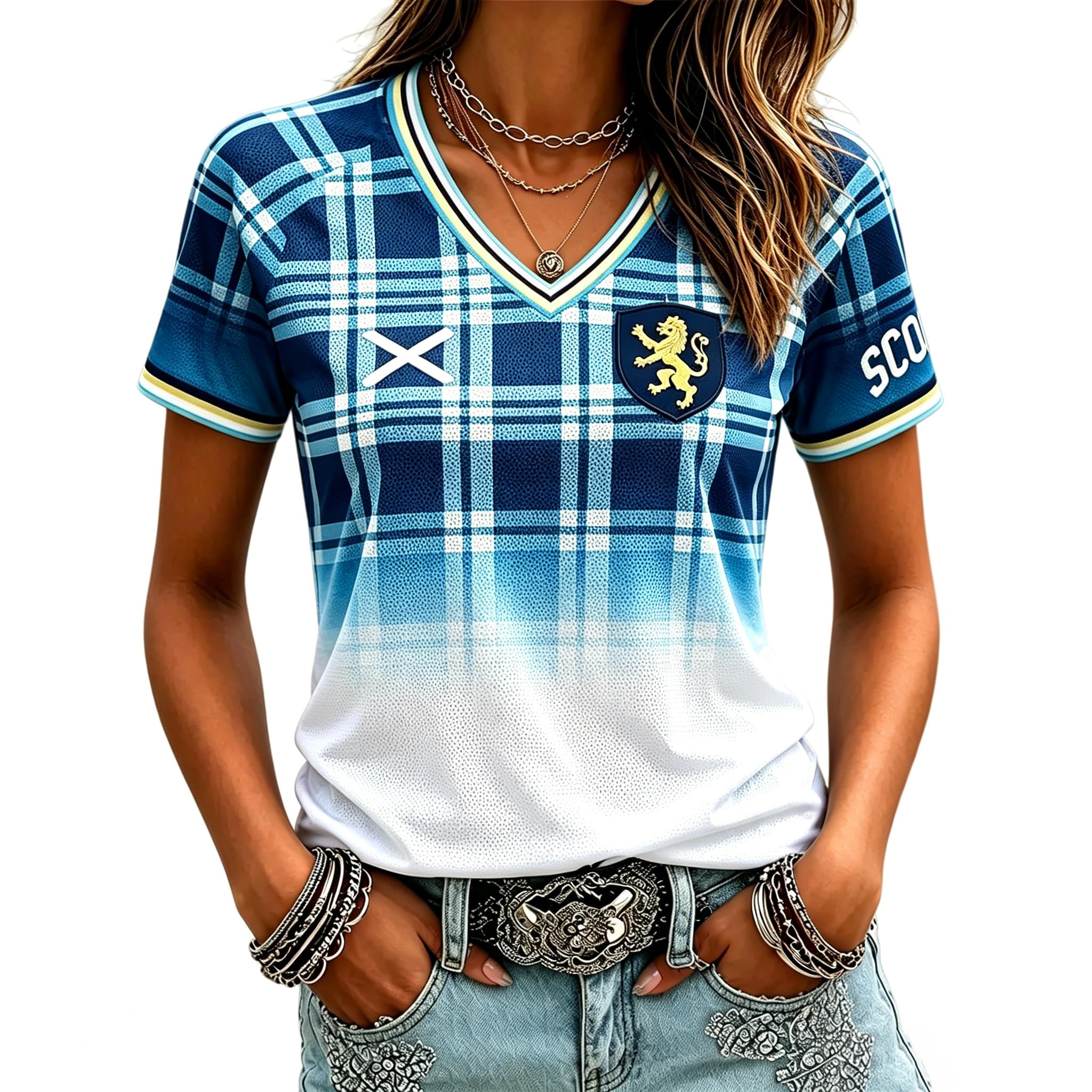 Scotland Football Shirt Womens Soccer Cup Short Sleeve Jersey Retro Graphic Printed V-Neck England Football Fan Top Ladies Scotland T-Shirt Lightweight Breathable Summer Training Sports Clothing