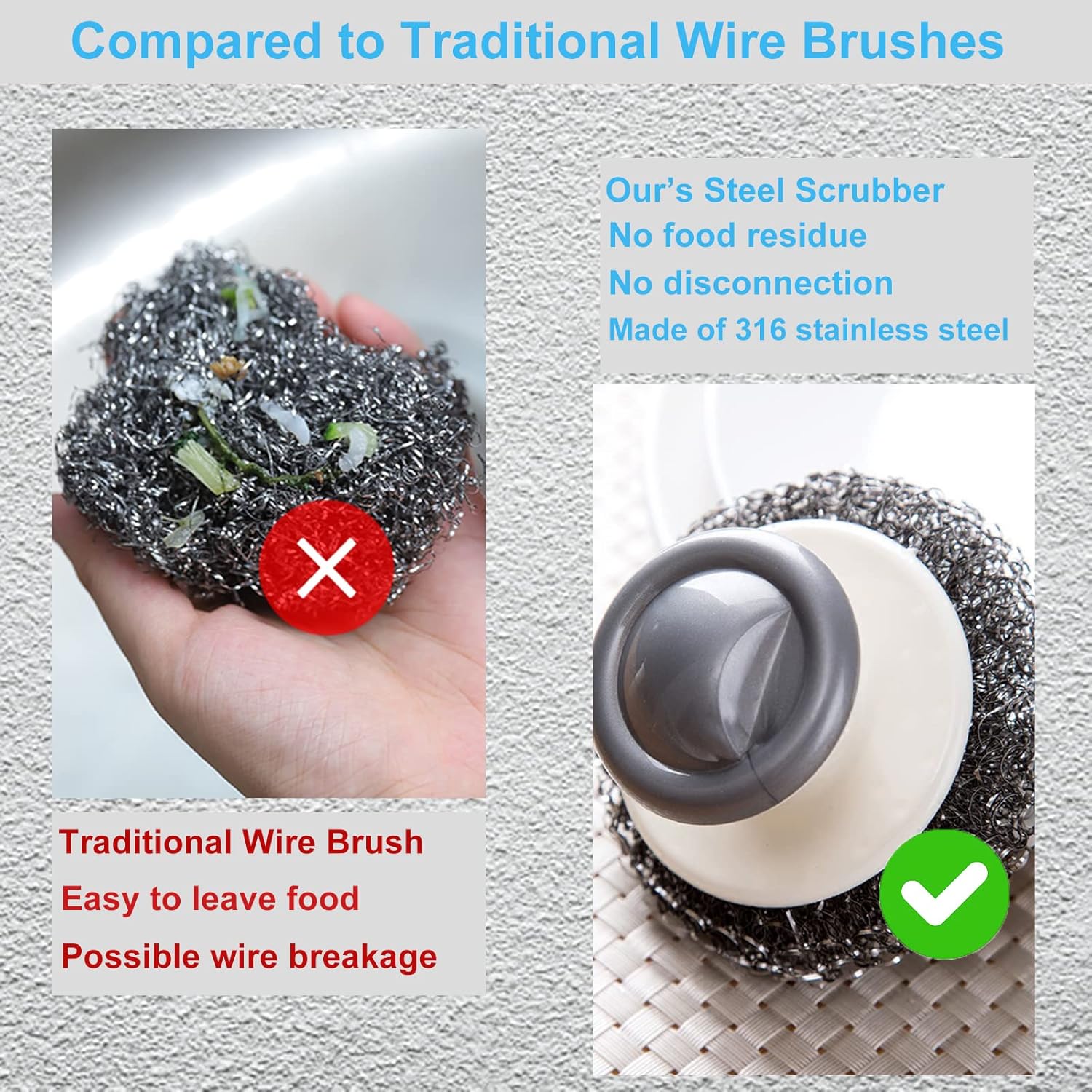 Onewly 24Pack Steel Wool Scrubber with Handle, Stainless Steel Scrubber for Cleaning Cast Iron, Dishes, Stock Pots, Pans, Griddles, Grills