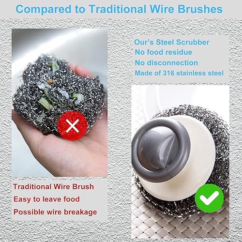 Miniatura 3 de Onewly Paquete de 2 fregadores y raspadores de lana de acero, depurador de acero inoxidable para limpiar hierro fundido, platos, ollas, sartenes,