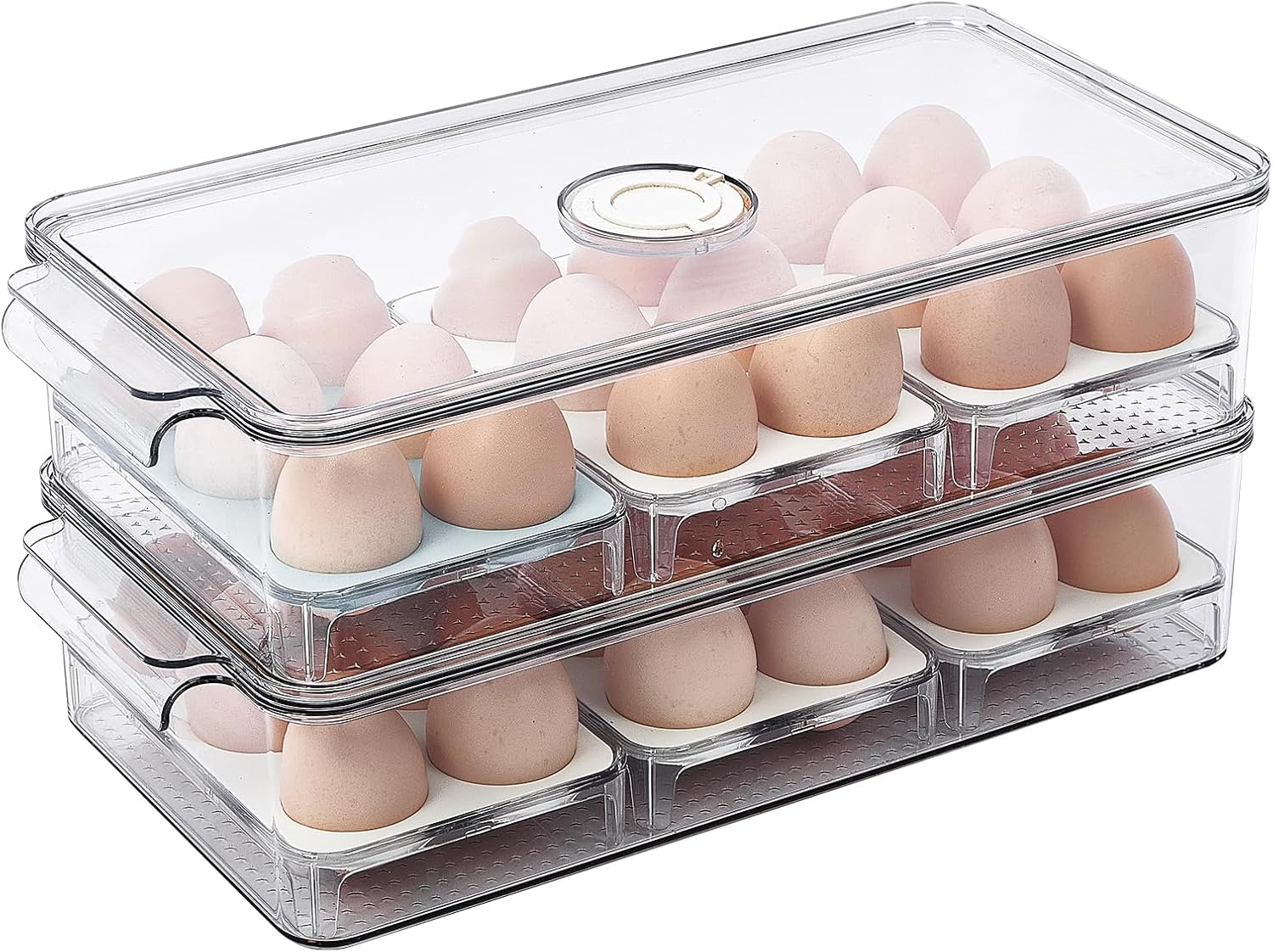 FreshKeeper Stackable Egg Holder for Fridge with Time Scale on Lid, Plastic Egg Organizer, Egg Container for Refrigerator 18 Slots (2PACK)