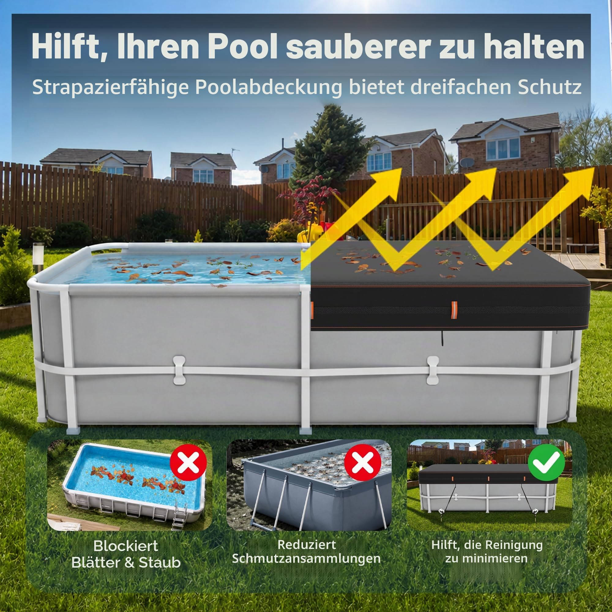 420D Rechteckige Poolabdeckung, Uv- Und ReißFest, 549x274cm, Winddichter Poolschutz FüR Aufstellpools, StrapazierfäHiges Planengewebe Mit Reflektierenden Streifen, Wetterfest