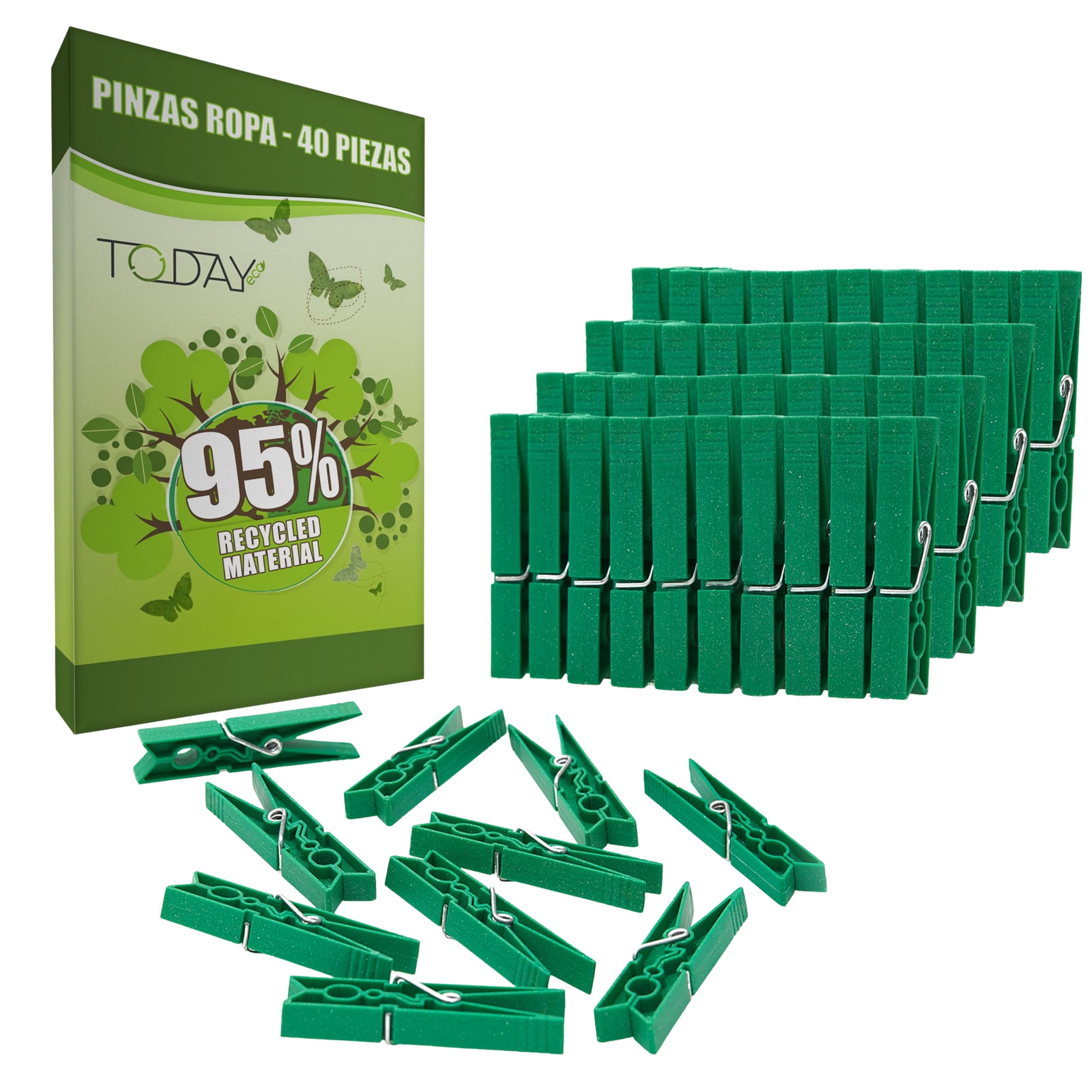 Today Eco – 40 Pinzas Ropa Grandes de plástico Reciclado 95%, Resistentes, antióxido, Anti-Viento, no Dejan Marca – para tendedero Exterior