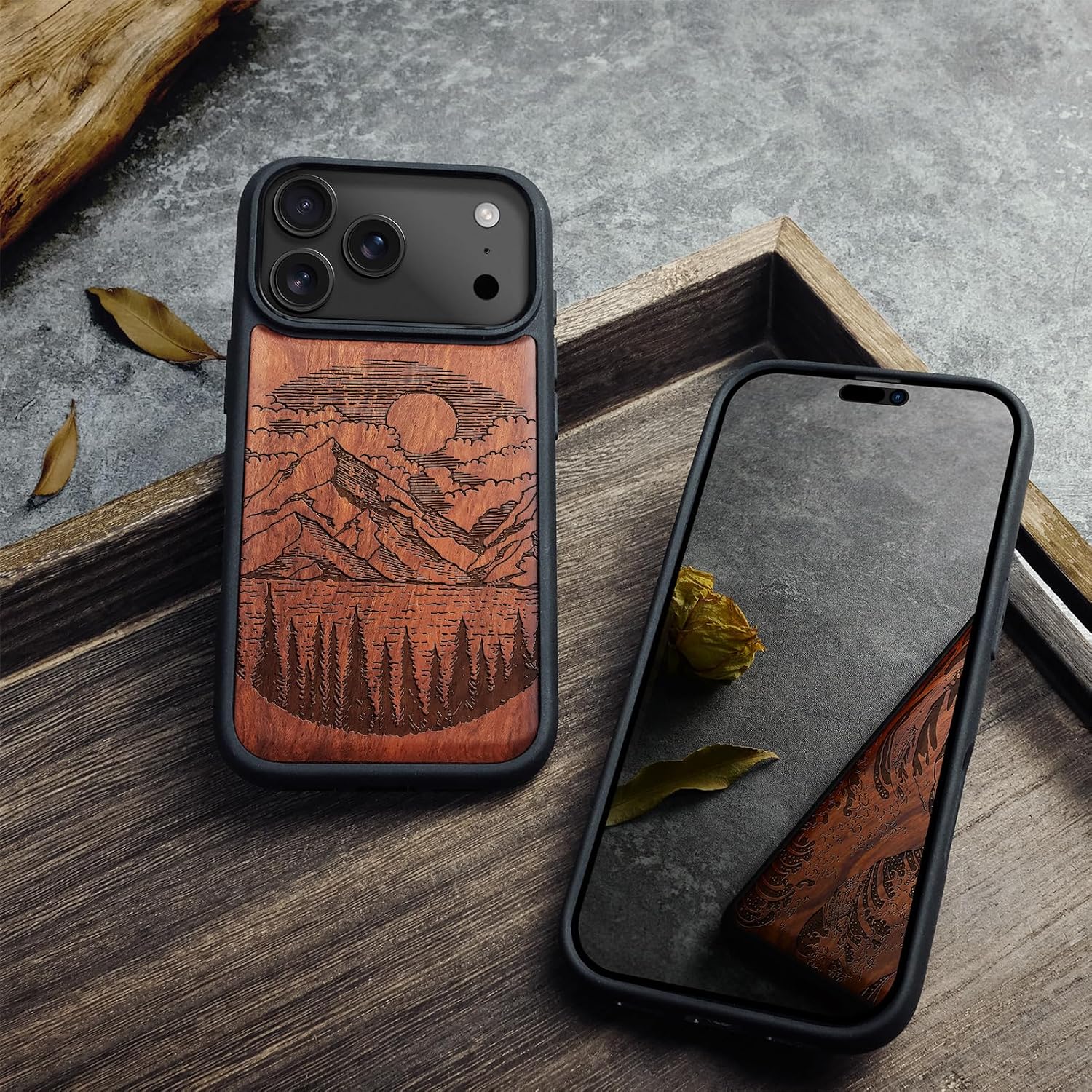 Carveit Magnetic Wooden Case for iPhone 17 Pro Case, Wood Artisan Engraved & Black Soft TPU Shockproof Cover, Compatible with MagSafe Wireless Chargers (Alpine Lakes) Rosy