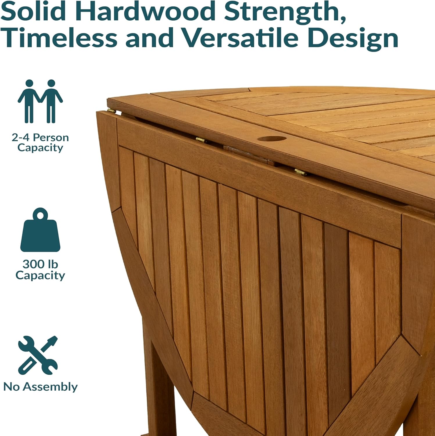 Sunnydaze Malaysian Wood Folding Patio Table - Space-Saving Gateleg Table with Umbrella Hole for Outdoor Dining & Gatherings - Teak Oil Finish