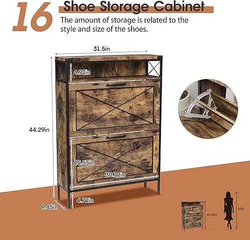 Miniatura 2 de Maupvit Armario de almacenamiento de zapatos con 2 cajones abatibles con patas de metal, estantes ajustables, almacenamiento oculto de zapatos para